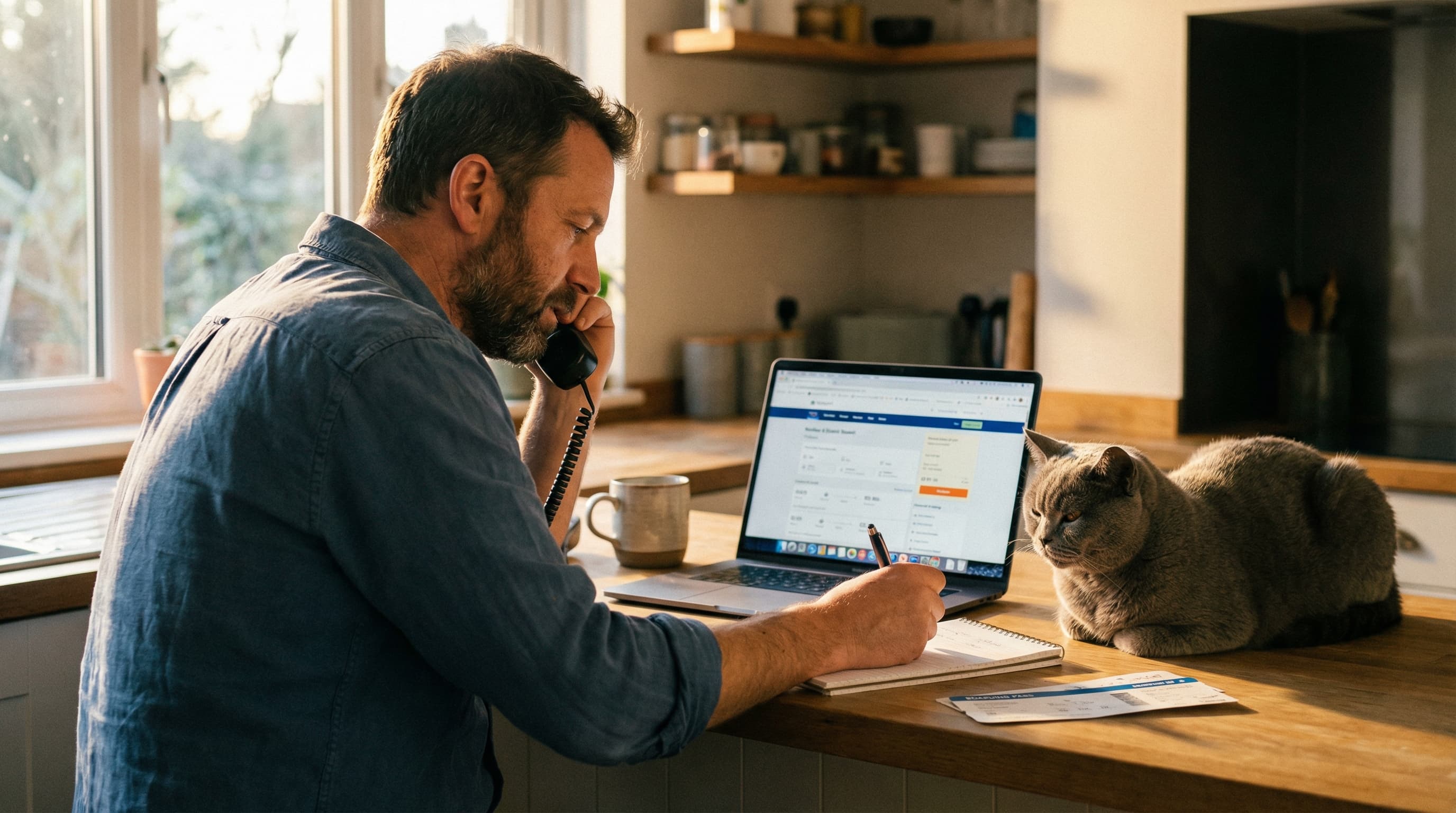 Man on phone registering pet reservation with laptop open on airline booking page and grey cat sitting on counter beside him