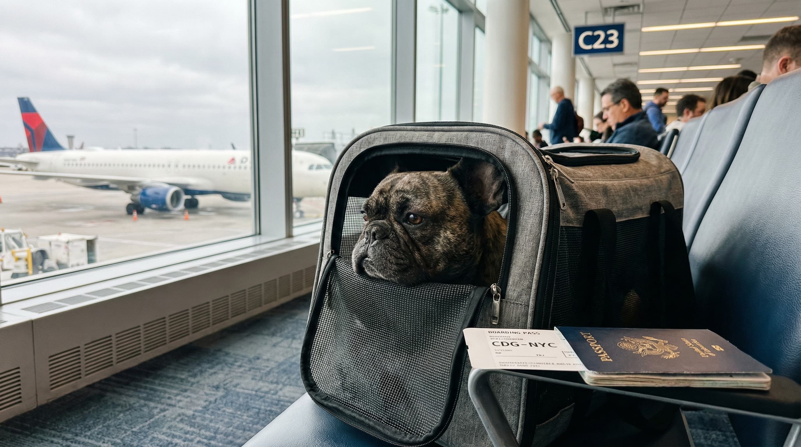 Brindle French Bulldog resting inside soft-sided carrier at departure gate with boarding pass visible on nearby seat