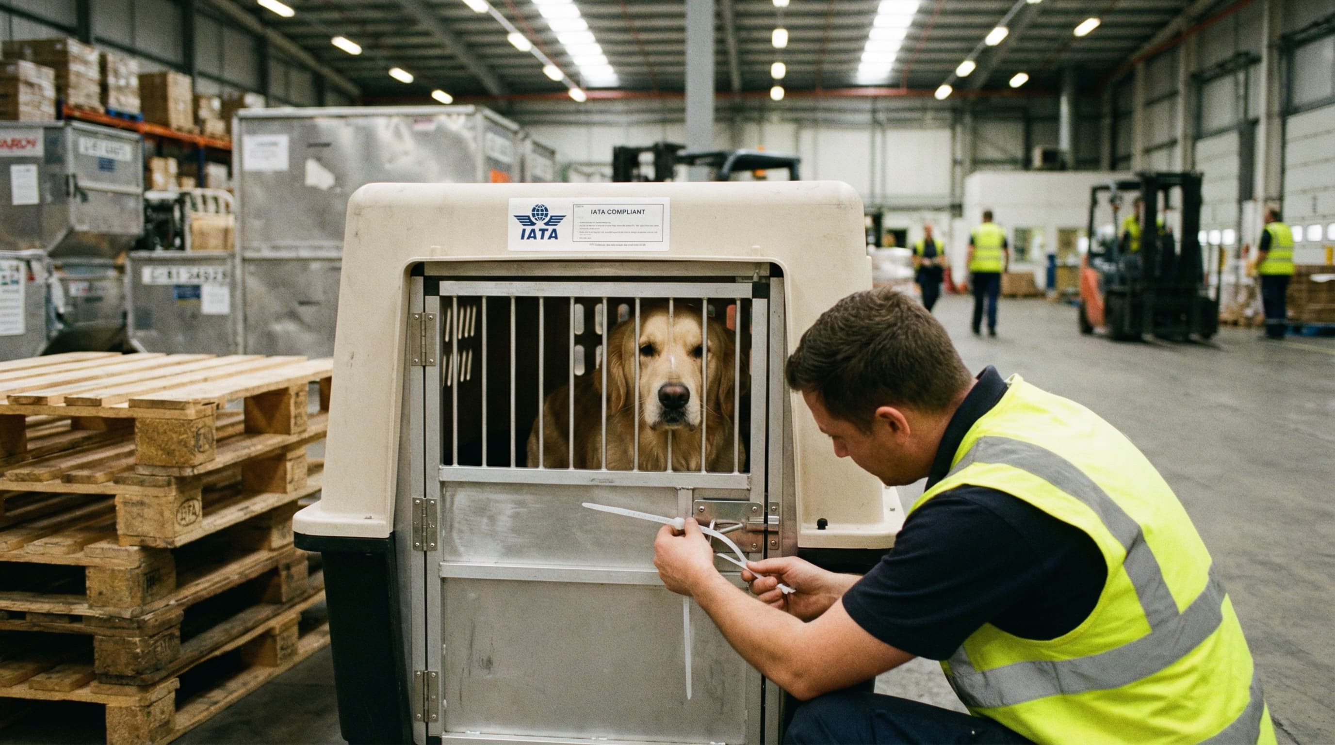 Cargo worker in safety vest securing zip tie on large IATA-compliant kennel with golden retriever inside at airline cargo facility