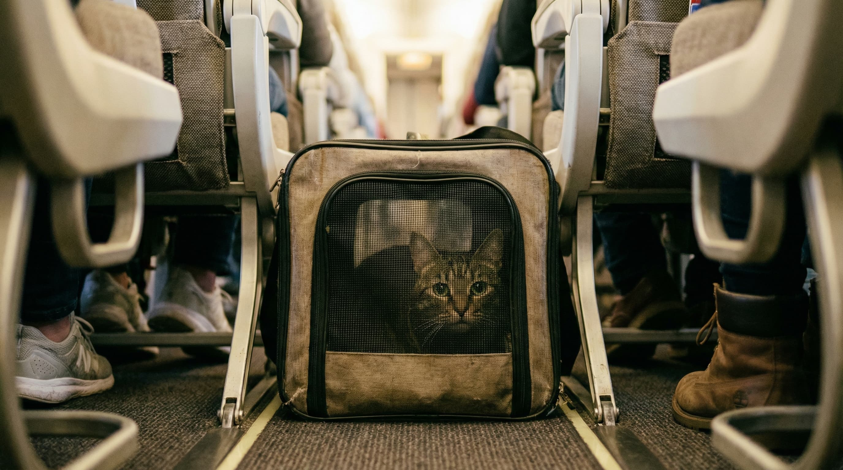 Soft-sided pet carrier tucked under economy airplane seat with tabby cat visible through mesh panel