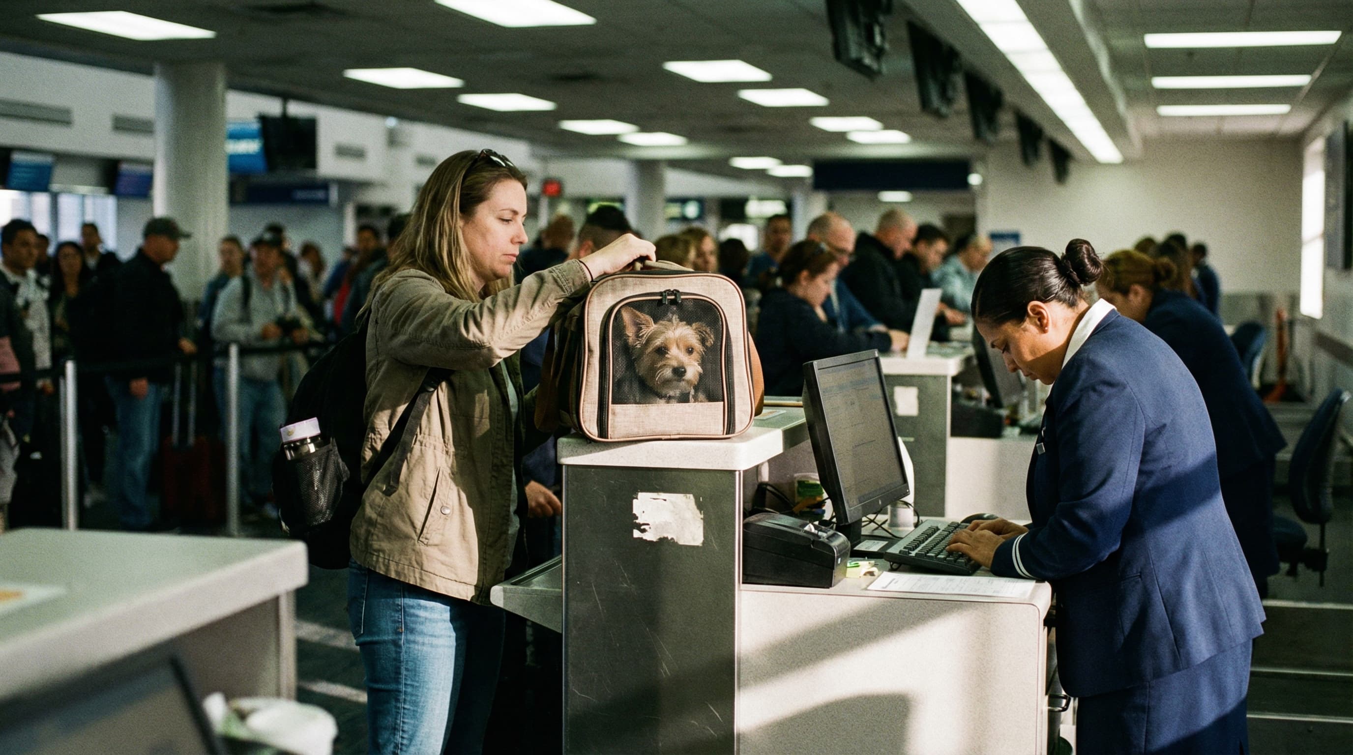 Traveler placing soft-sided pet carrier on airline check-in counter with small dog inside