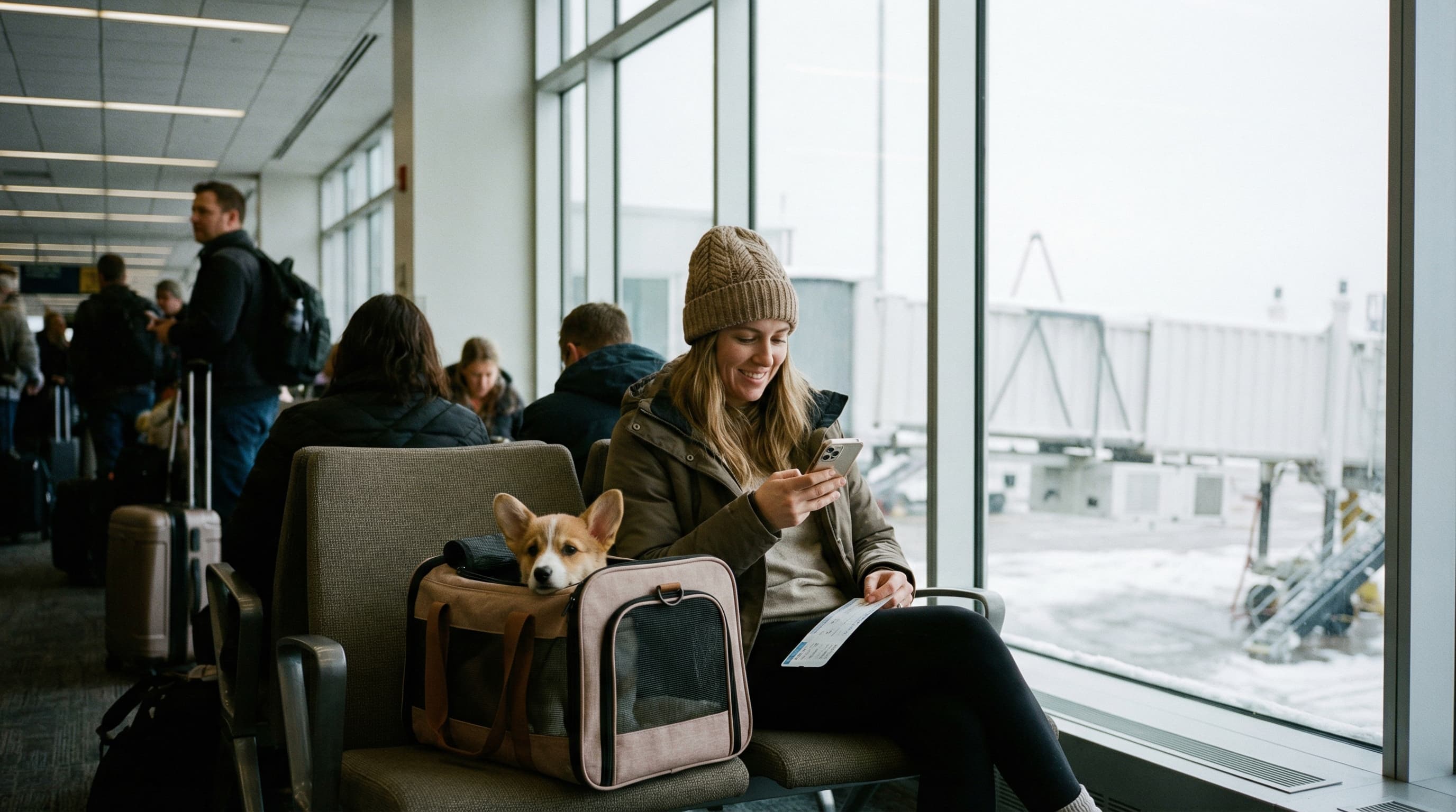 Woman at airport departure gate with soft-sided carrier holding corgi puppy on seat beside her, winter jet bridge visible through gate windows