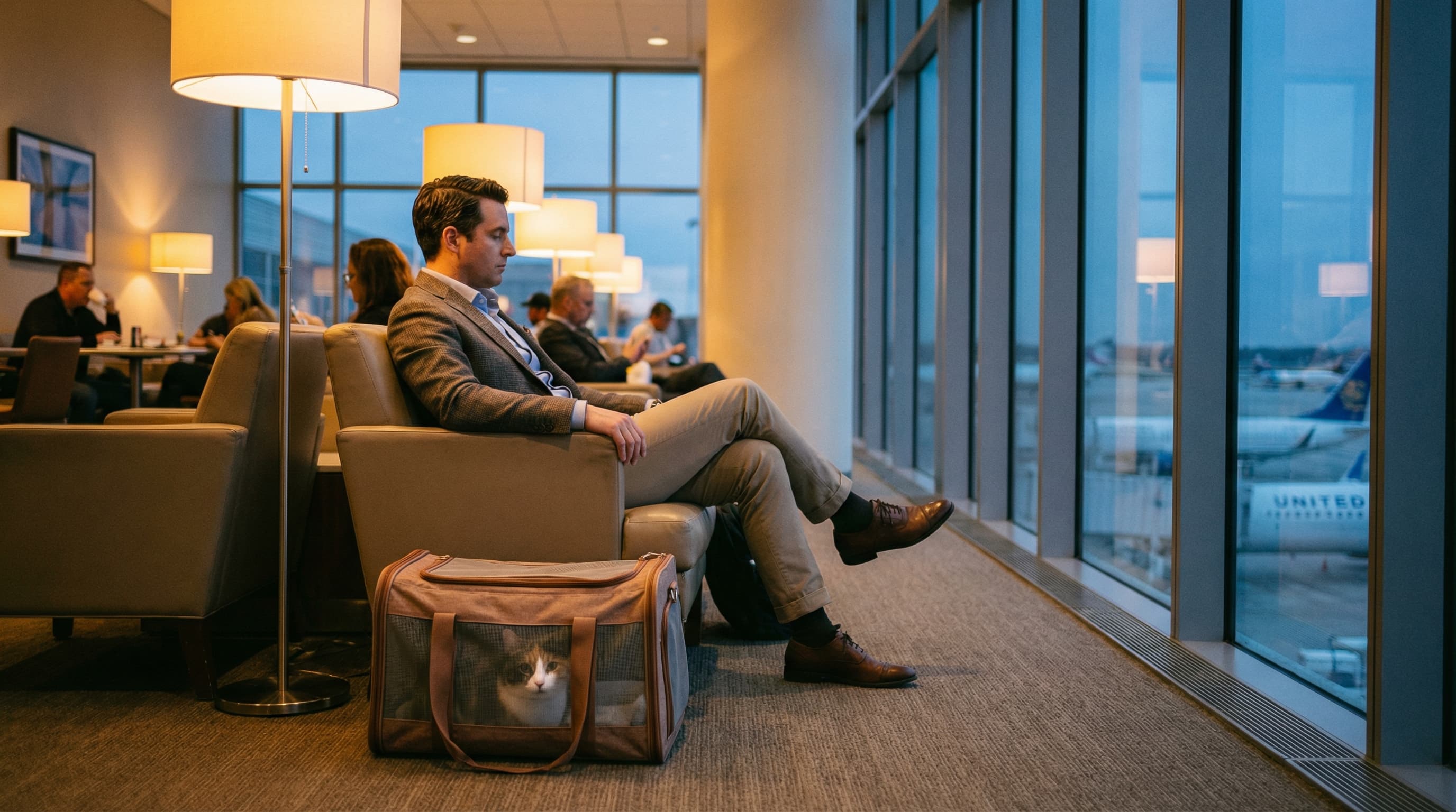 Traveler relaxing in airport lounge with calico cat in soft-sided carrier, tarmac visible through floor-to-ceiling windows