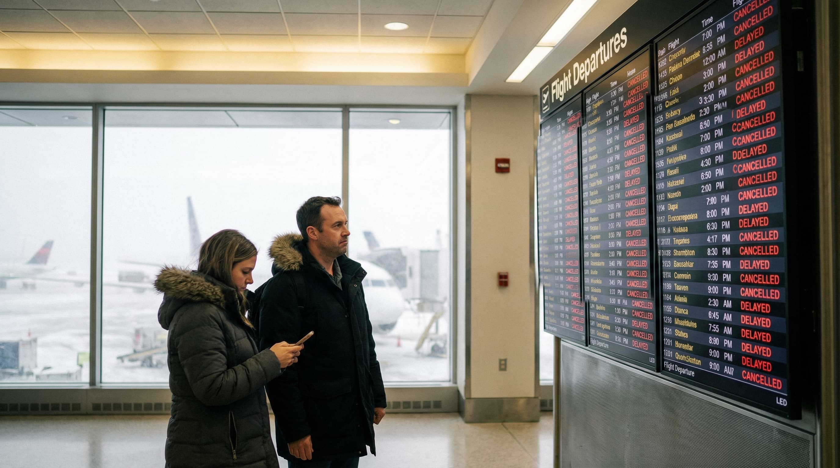 Airport departure board showing scheduled flights with heavy snowfall visible through terminal windows and travelers in winter coats checking the board