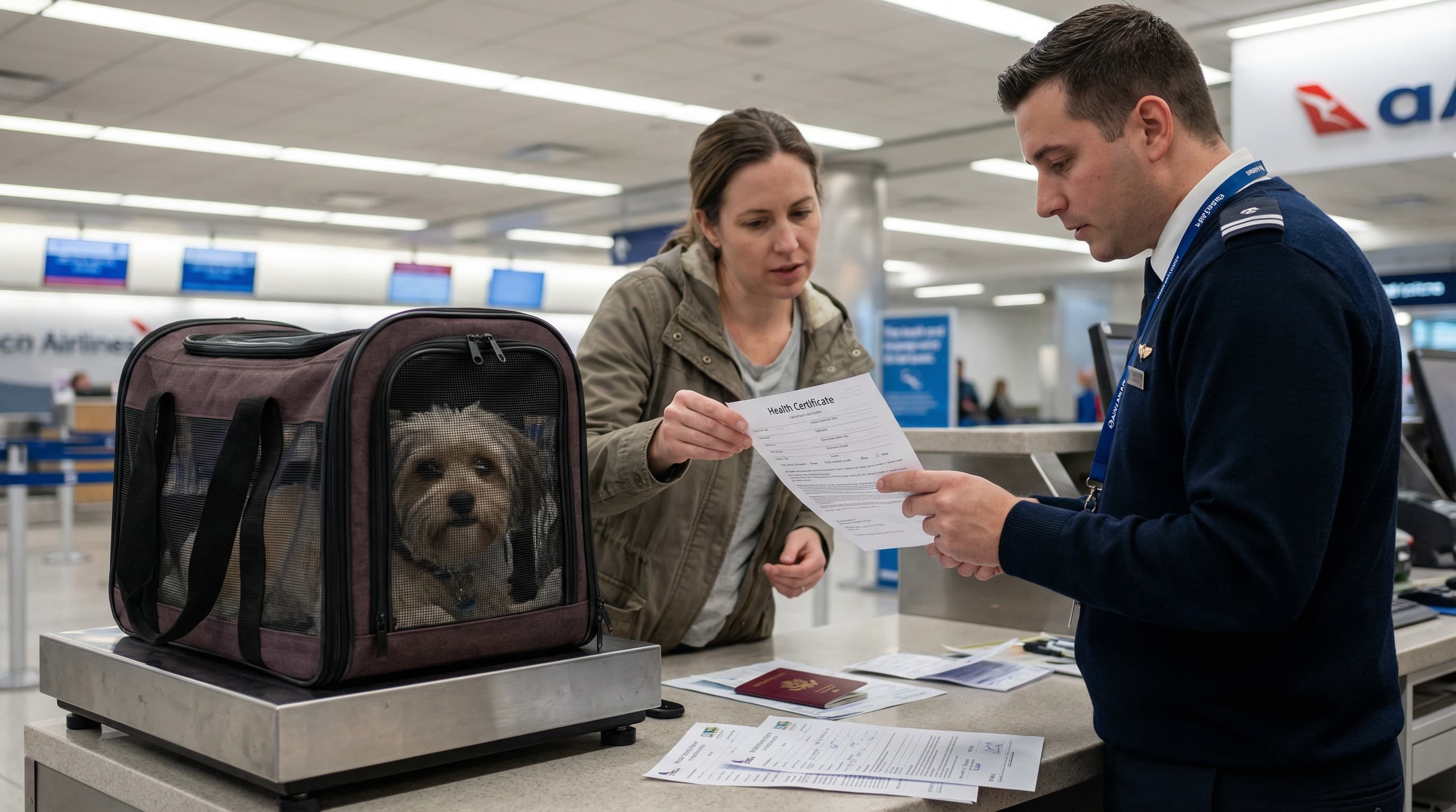 Traveler presenting pet health certificate at airline check-in counter, soft-sided carrier on the scale beside her