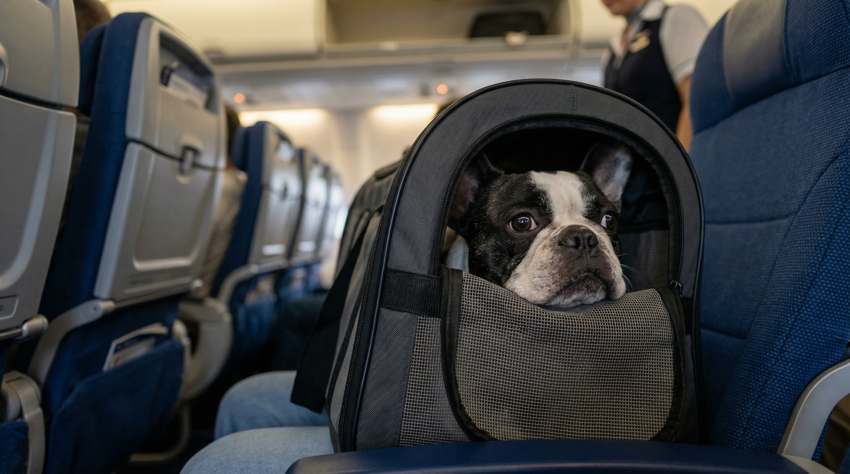 French bulldog in soft-sided pet carrier on an airplane, flat-faced breed approved for cabin travel but banned from cargo