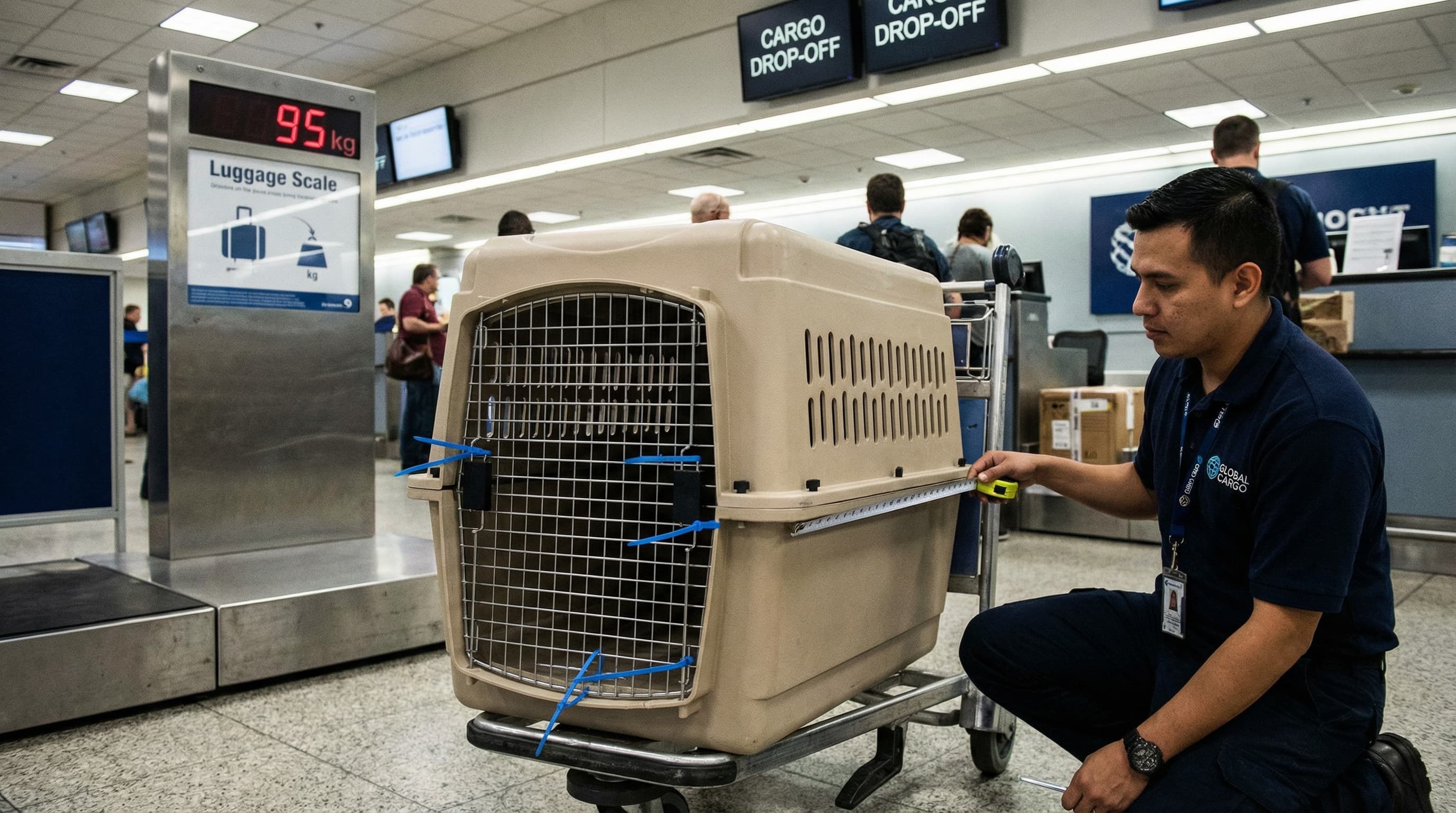 IATA-compliant hard-sided dog kennel at airline cargo check-in counter, metal grated door secured with zip ties