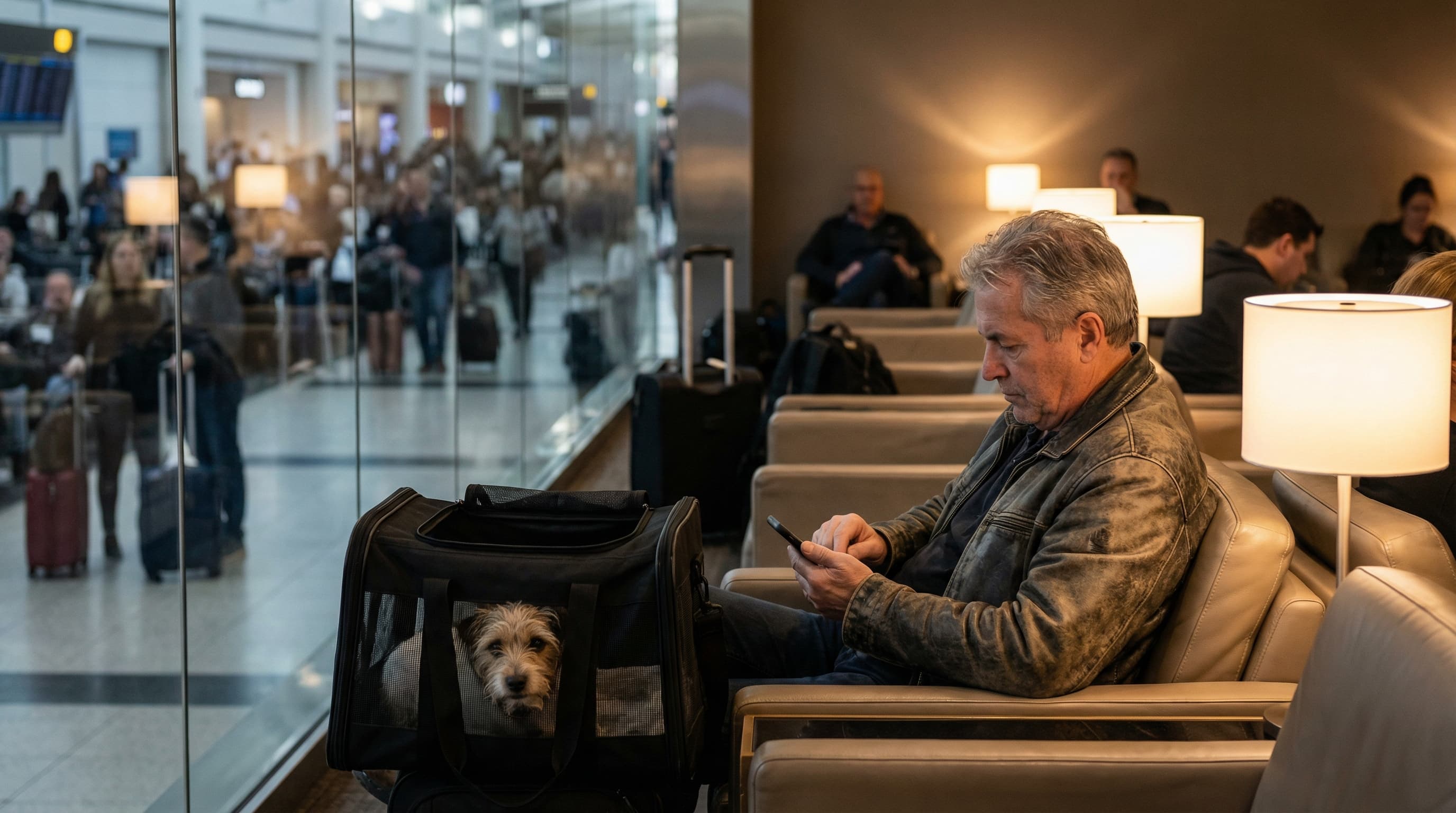 Traveler relaxing in quiet airport lounge with soft-sided pet carrier beside his seat, terrier mix visible through the mesh