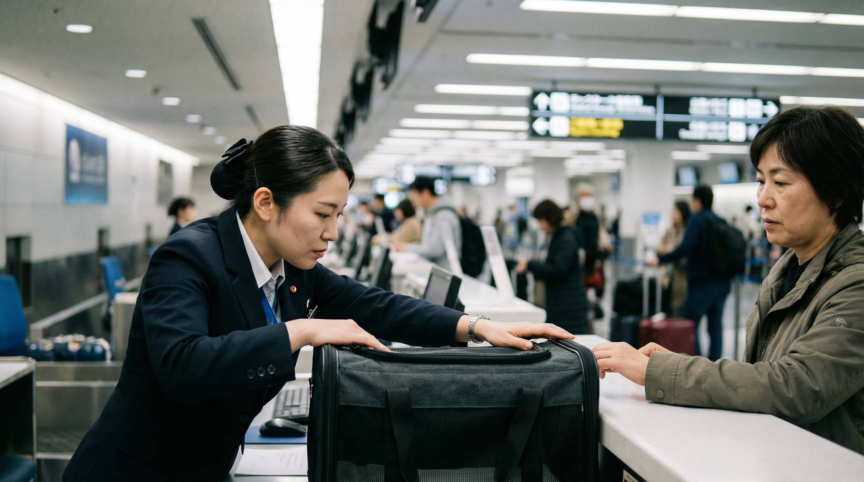 Airline agent inspecting a soft-sided pet carrier at the check-in counter, traveler watching attentively from across the counter