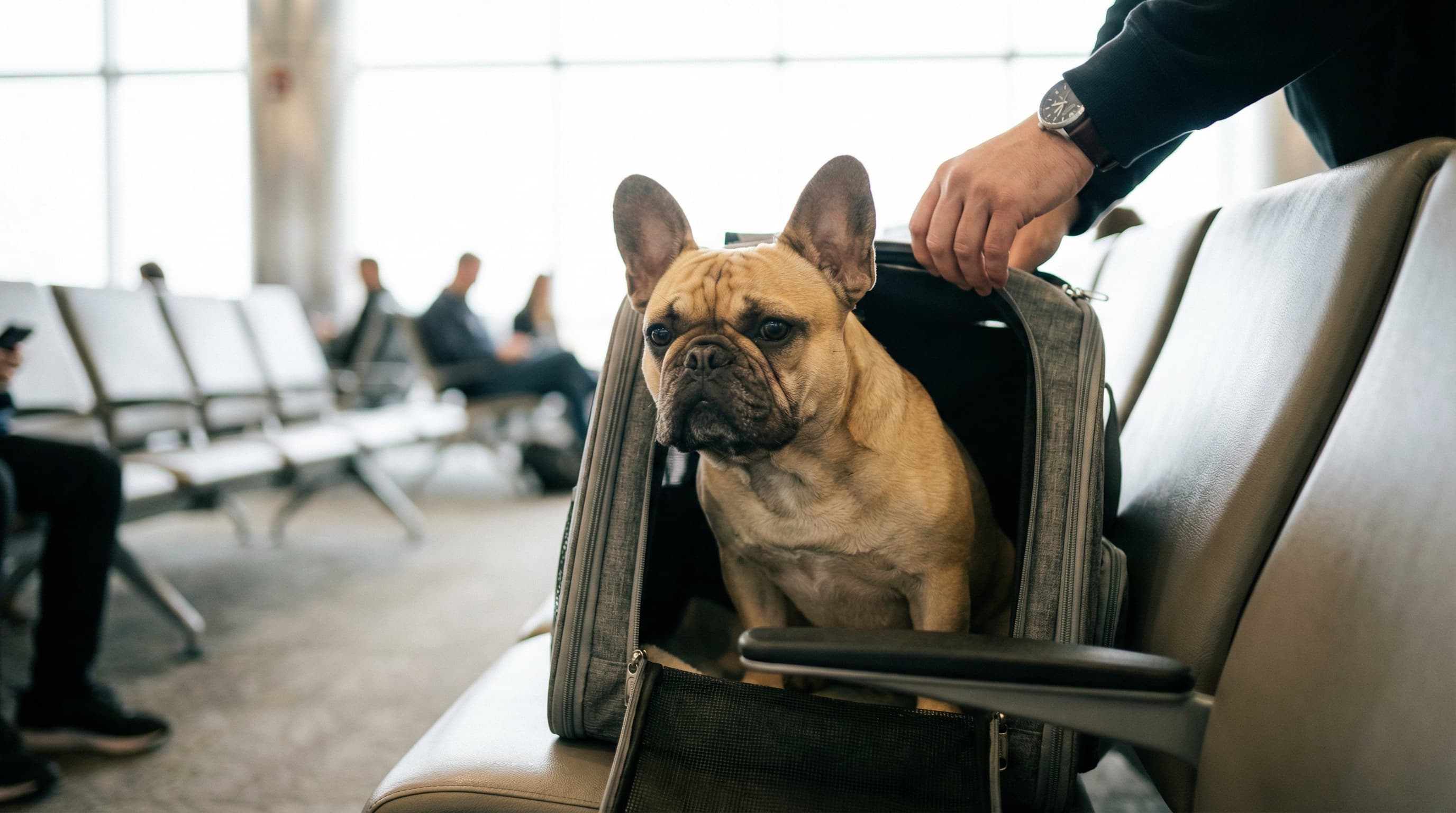 French Bulldog sitting calmly inside an unzipped soft-sided carrier at the airport gate, owner adjusting the zipper
