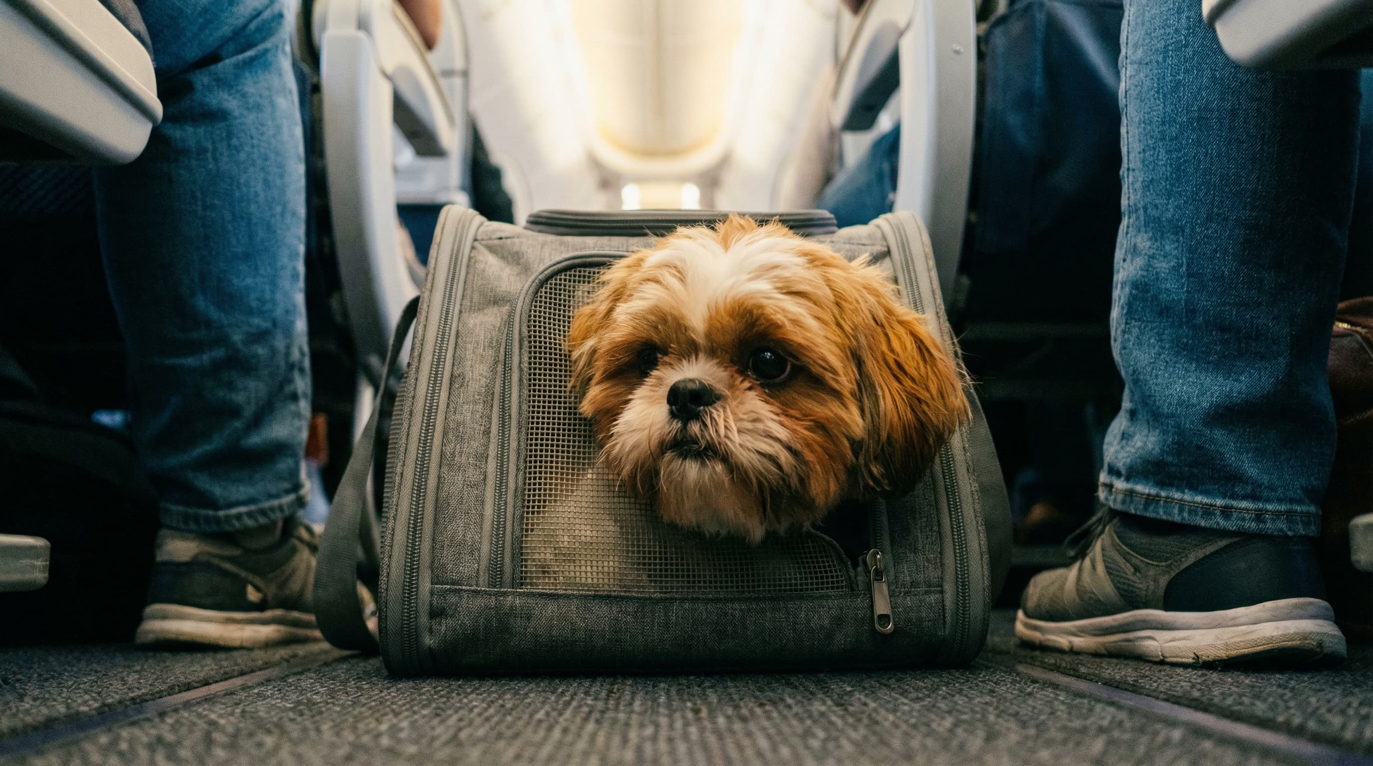 Shih Tzu peeking through the mesh of a soft-sided carrier tucked under the economy airplane seat