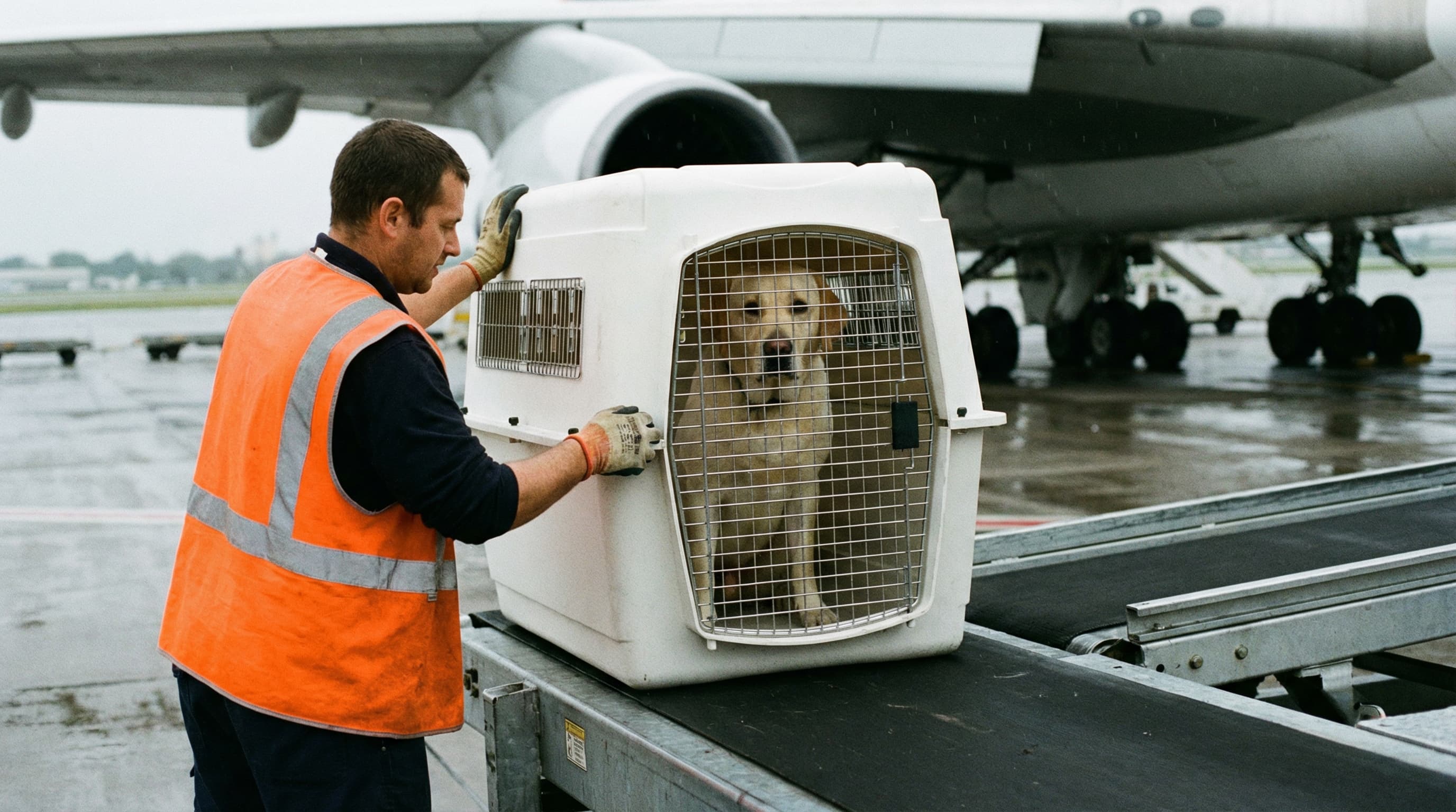 Cargo handler in high-vis vest guiding a large hard-sided pet kennel onto the conveyor belt, Labrador inside watching calmly