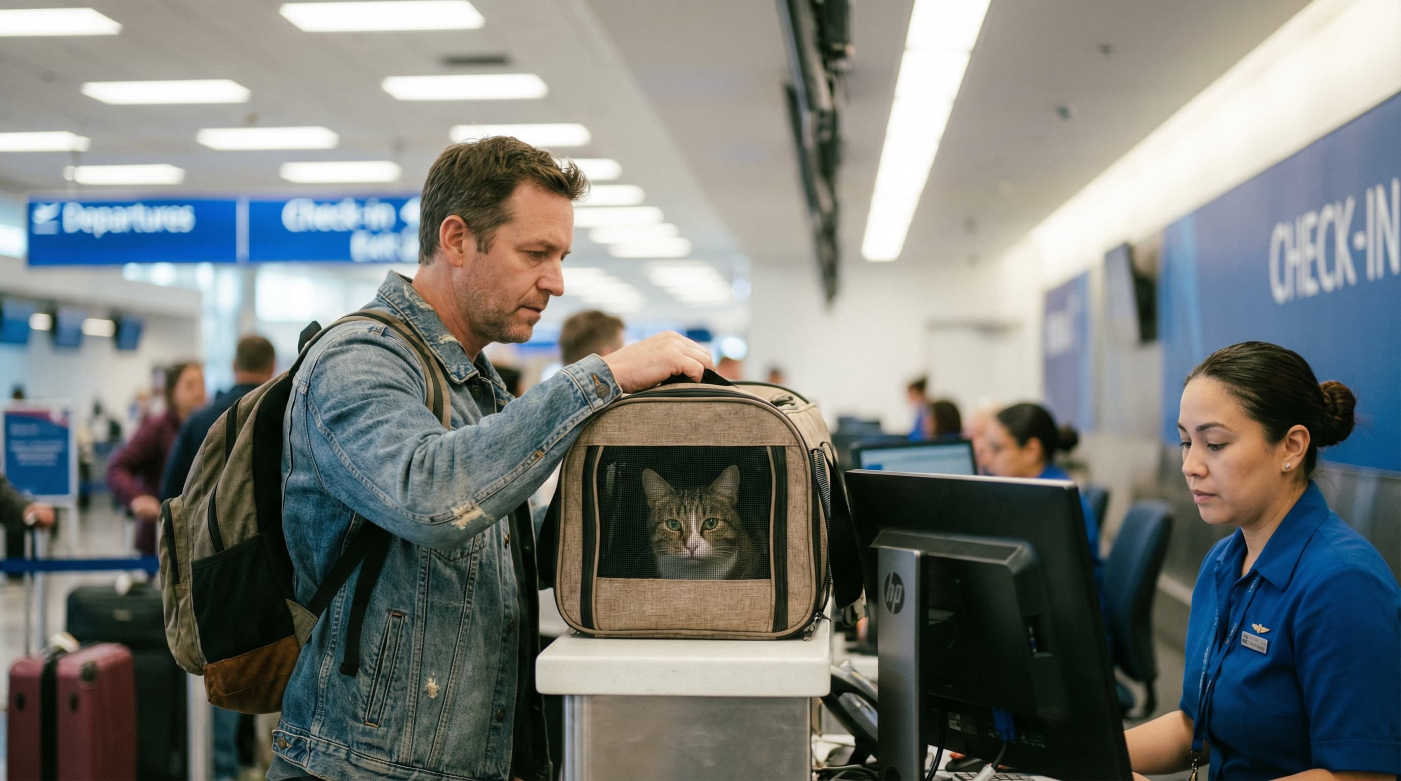 Traveler placing soft-sided pet carrier on the airline check-in counter while agent reviews the screen, cat visible through the mesh
