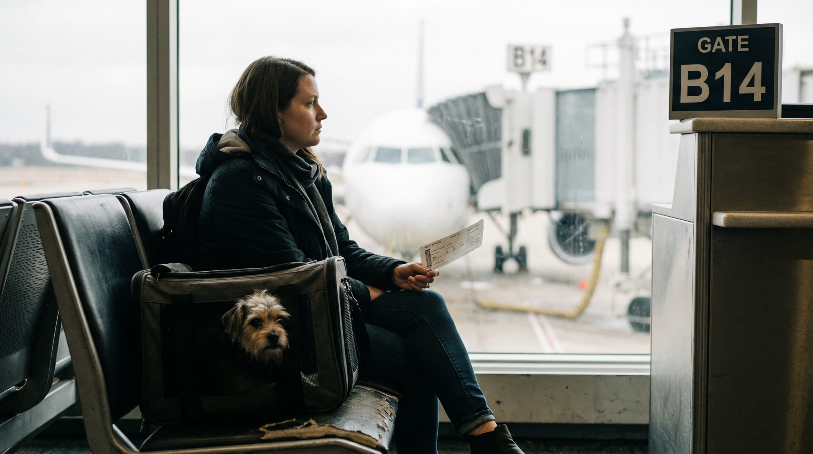 Woman at airport gate holding boarding pass, soft-sided carrier with small dog beside her on the seat, focused on the gate podium