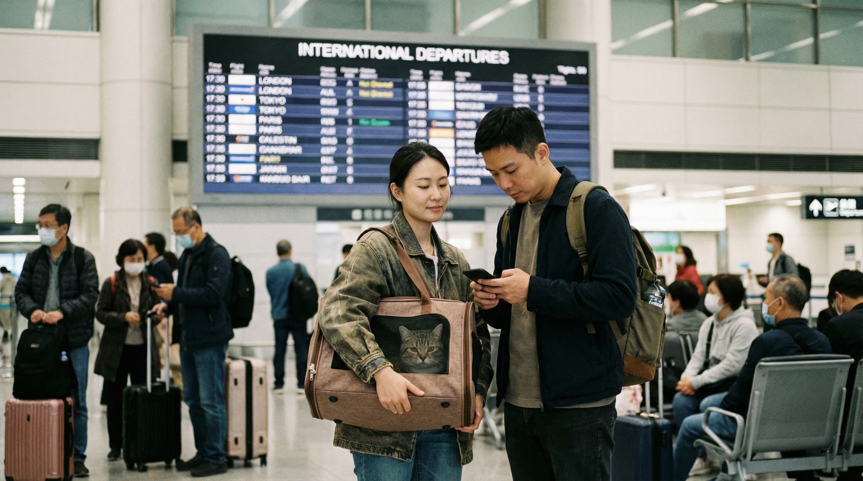 Couple at international departure gate, one holding a soft-sided carrier with a cat inside, the other checking flight details on their phone