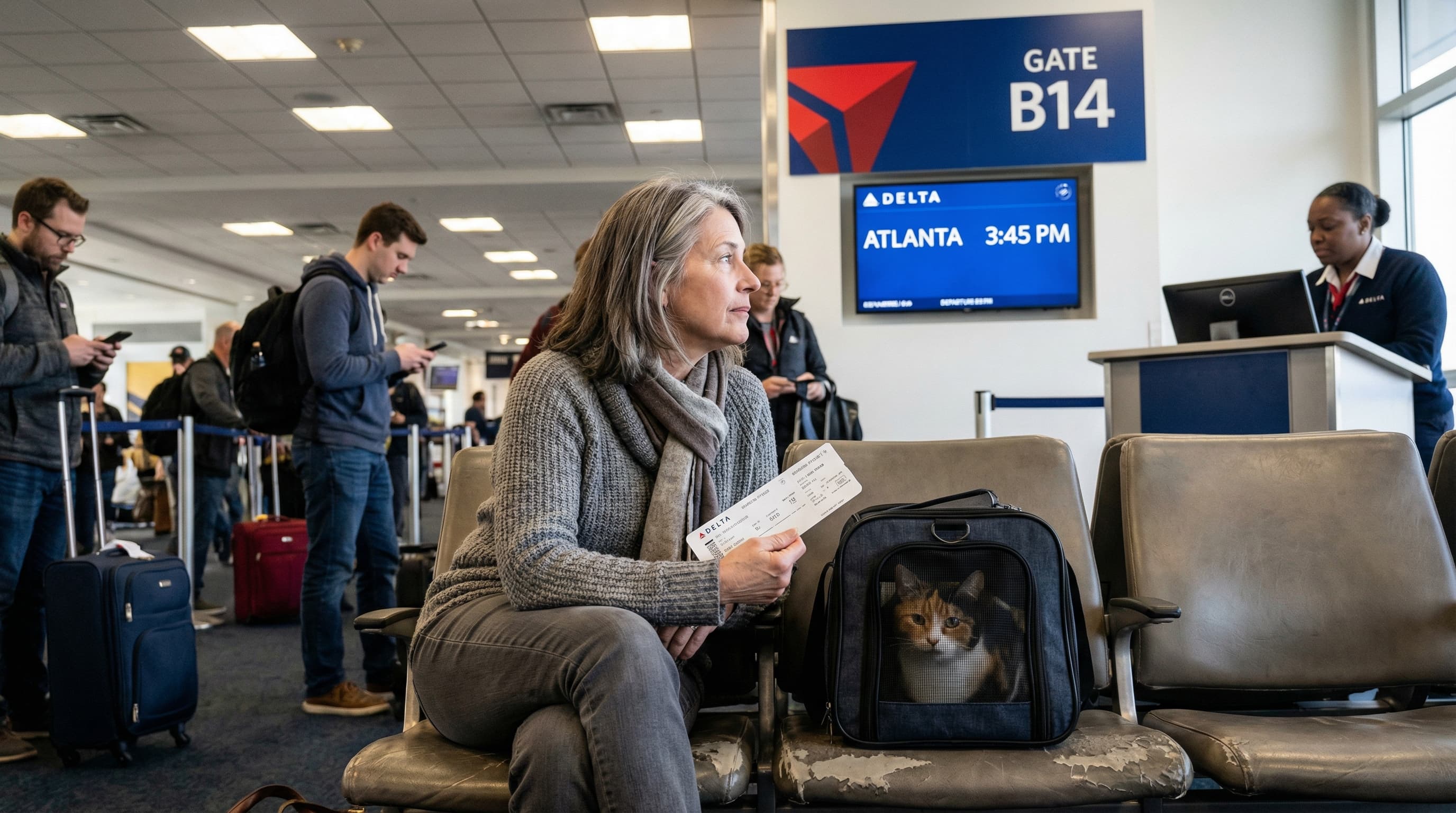 Traveler at Delta Airlines gate with calico cat in soft-sided carrier, boarding pass in hand, red Delta signage behind her