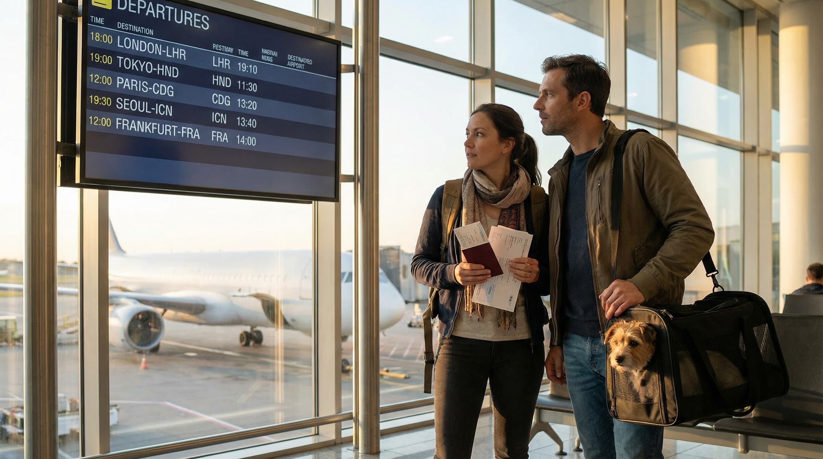 Couple at international departure gate with health certificate documents and pet carrier, flight information board showing European and Asian destinations behind them