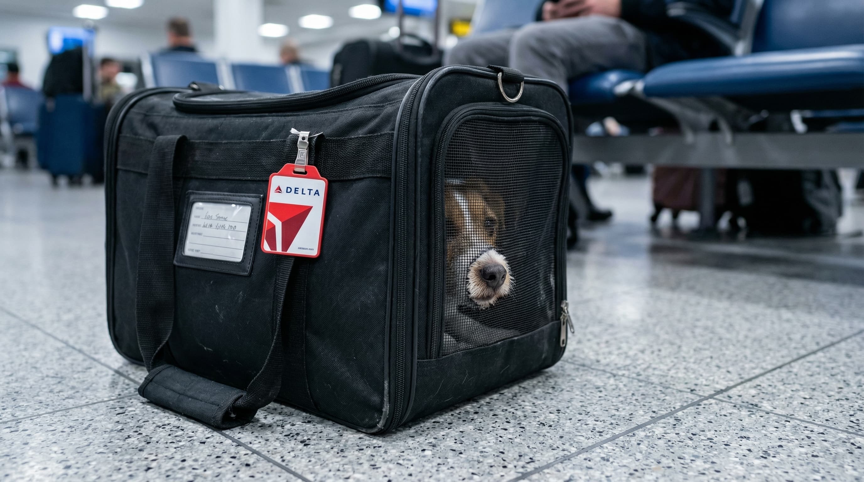 Soft-sided pet carrier on airport terminal floor with Delta pet tag on the handle, small dog resting inside visible through the mesh