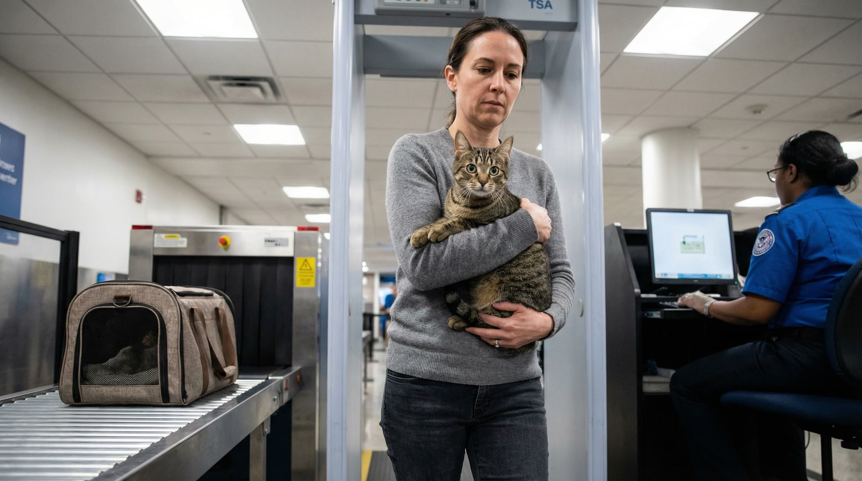 Traveler carrying tabby cat through TSA metal detector while the empty soft-sided carrier moves through the X-ray belt behind her