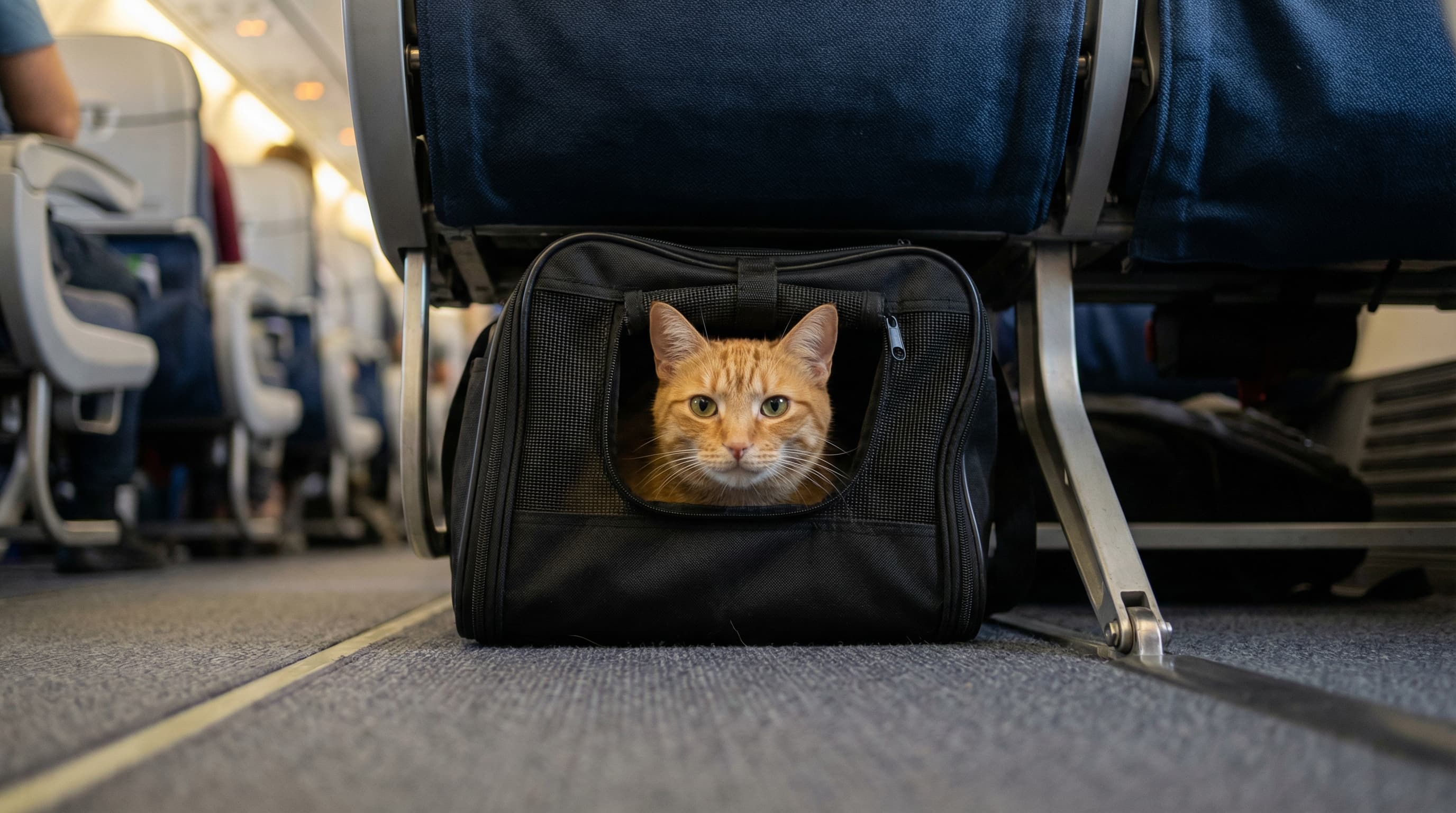 Orange tabby cat in soft-sided carrier tucked under airplane seat, peeking through the mesh window