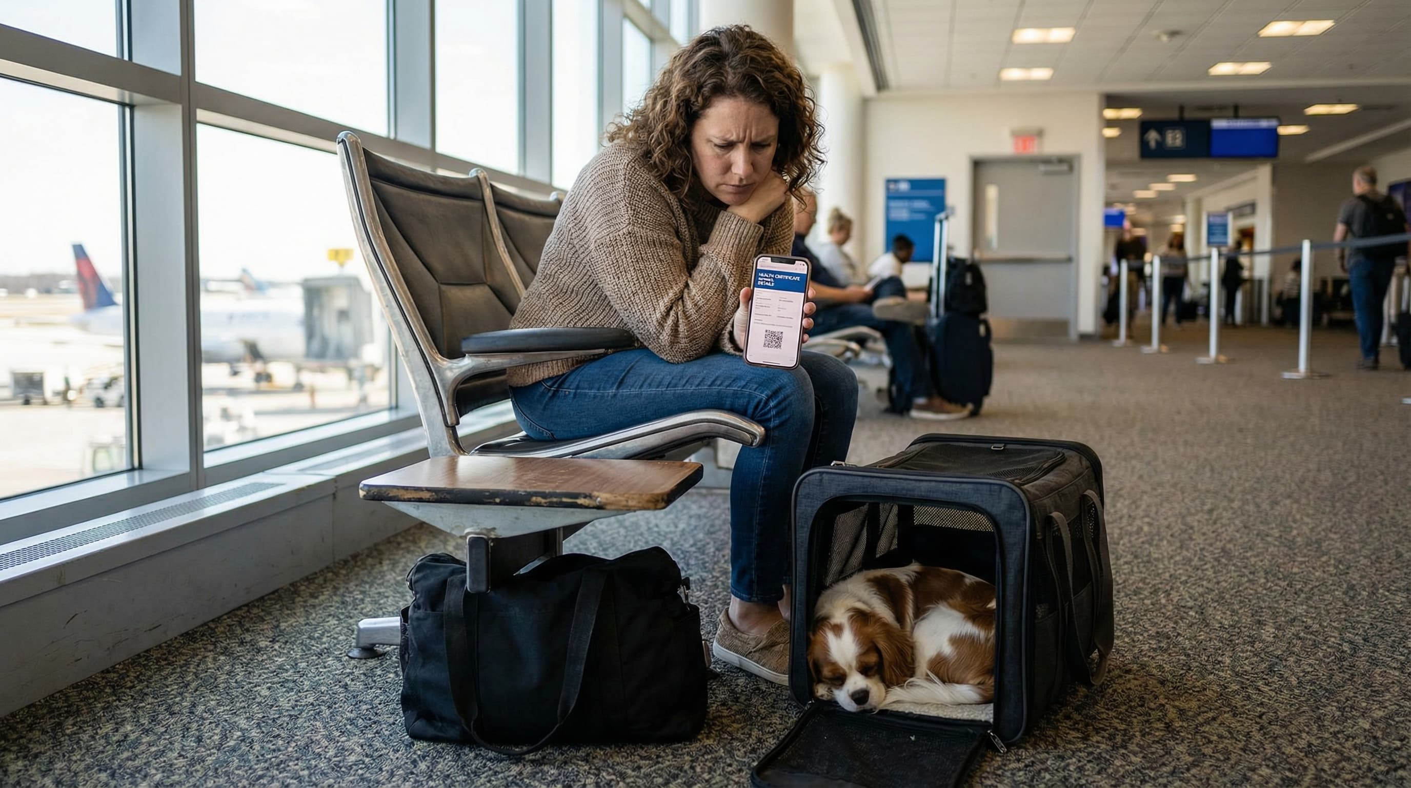 Traveler at airport gate reviewing pet travel documents on her phone, Cavalier Spaniel in carrier on the floor beside her