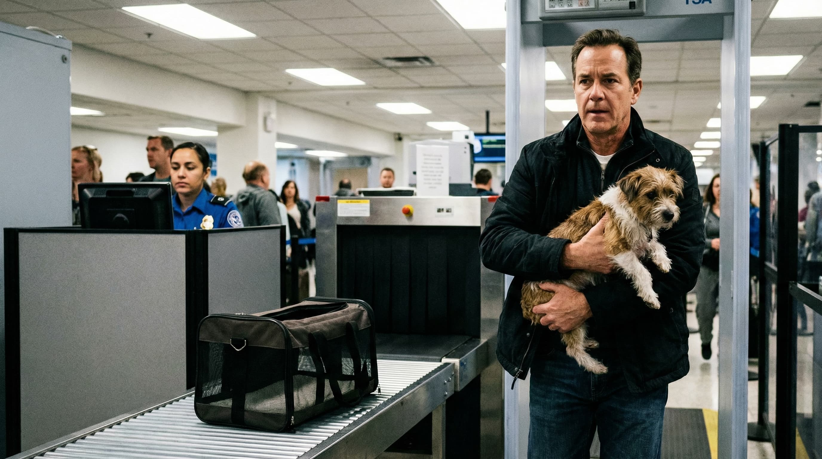 Traveler carrying small dog through TSA security metal detector while the empty soft-sided carrier moves through the X-ray belt