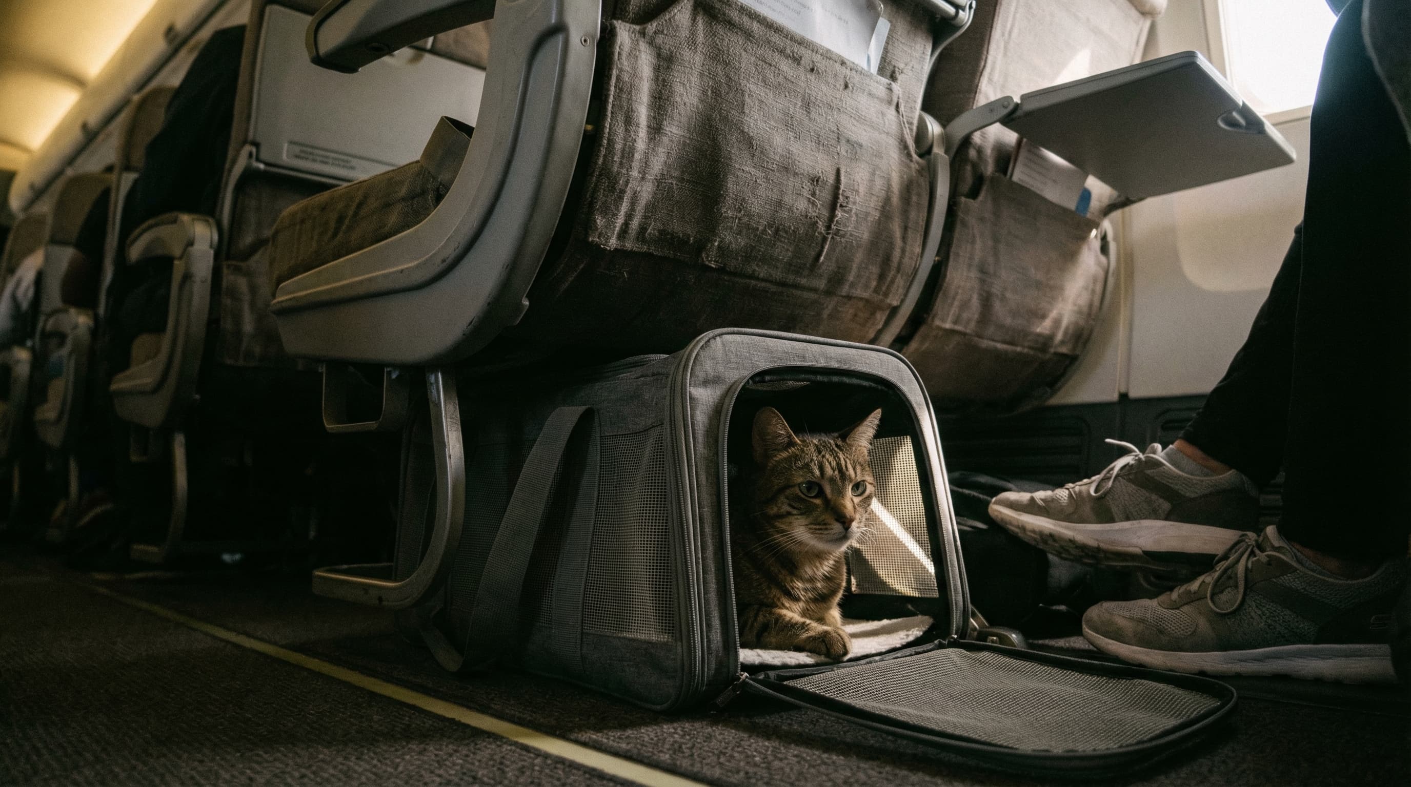 Tabby cat nestled inside a soft-sided carrier under an airplane seat during flight
