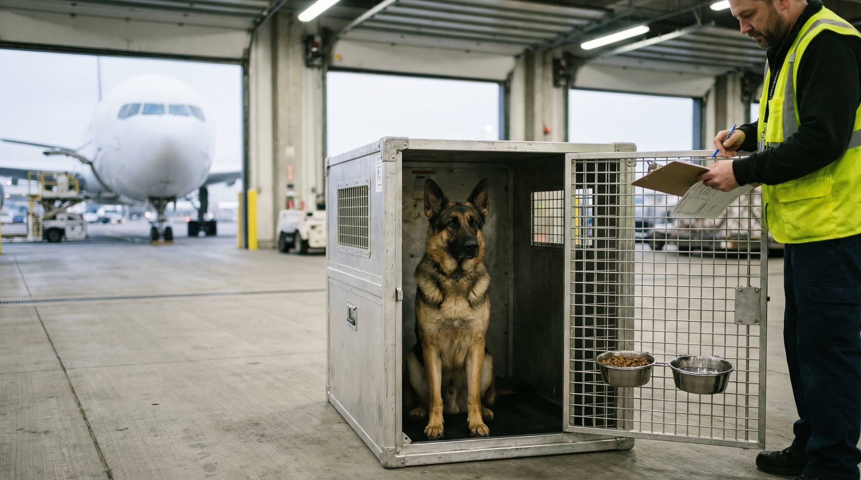 German Shepherd in a large cargo kennel at an airport cargo facility loading dock