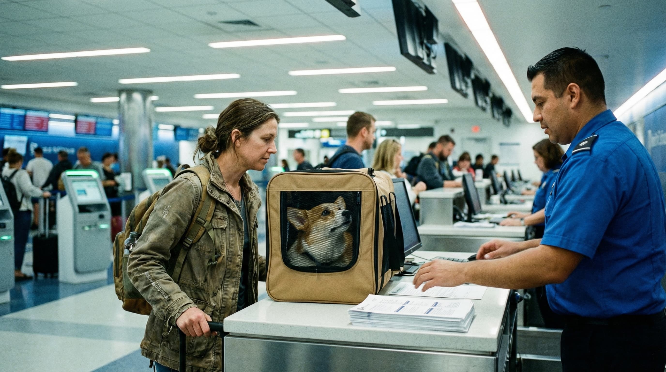 Traveler at airline check-in counter with pet carrier and printed documents