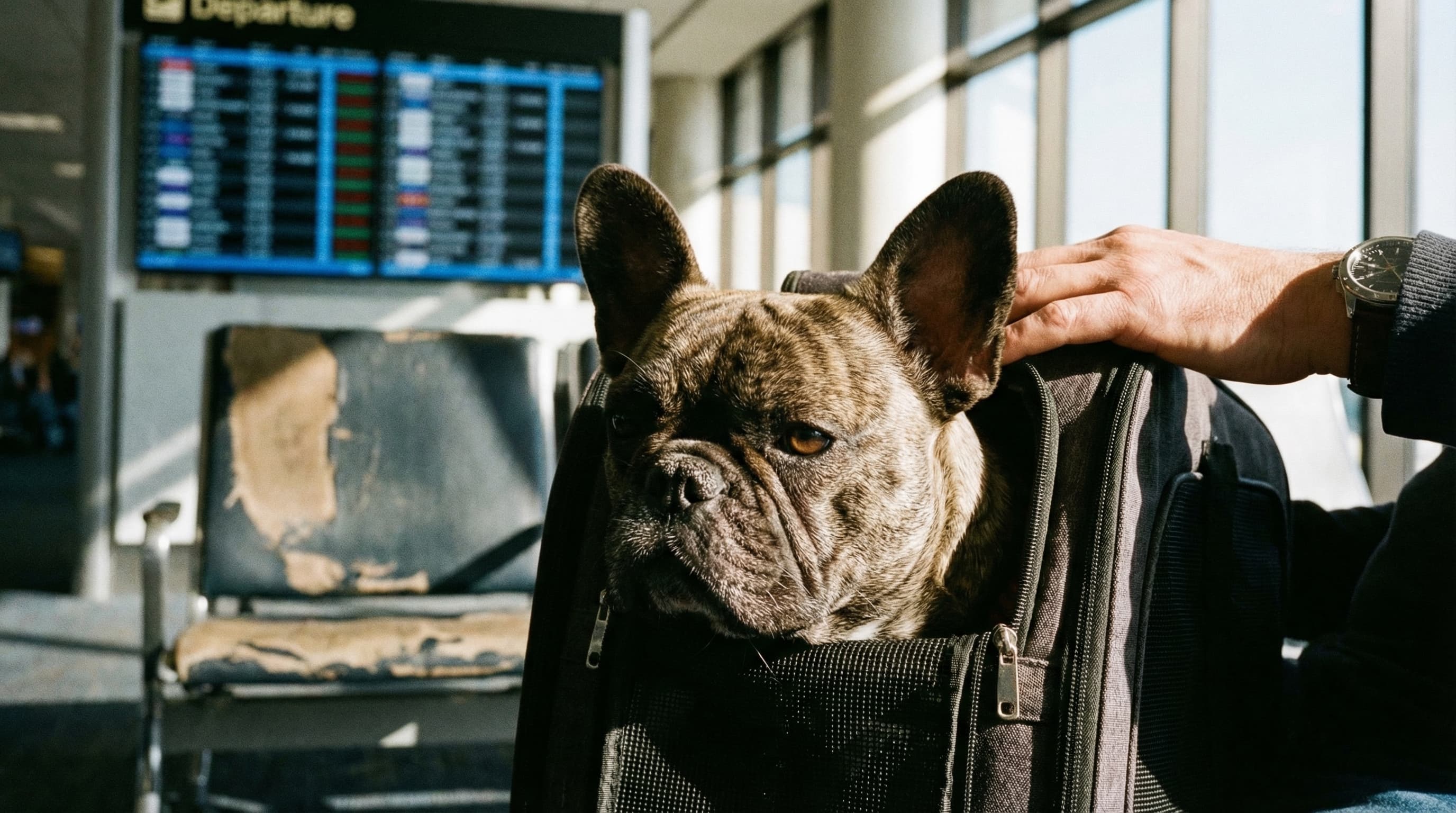 French Bulldog peeking out of a soft-sided carrier in an airport terminal