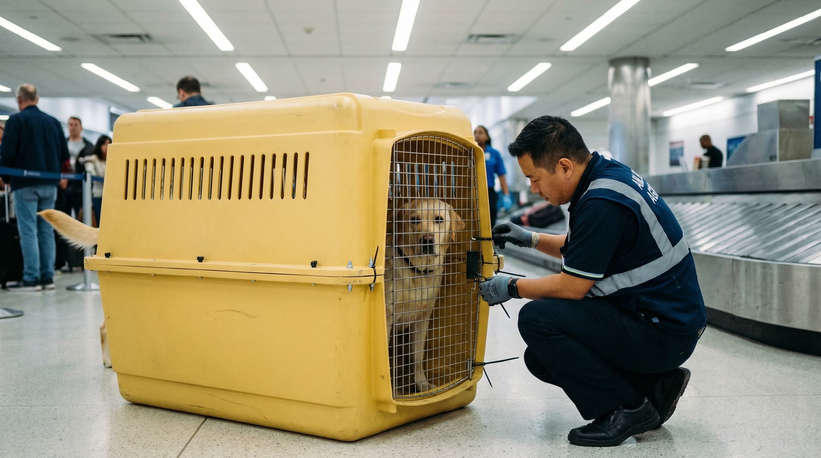 Labrador Retriever in a hard-sided airline kennel at airport baggage check-in