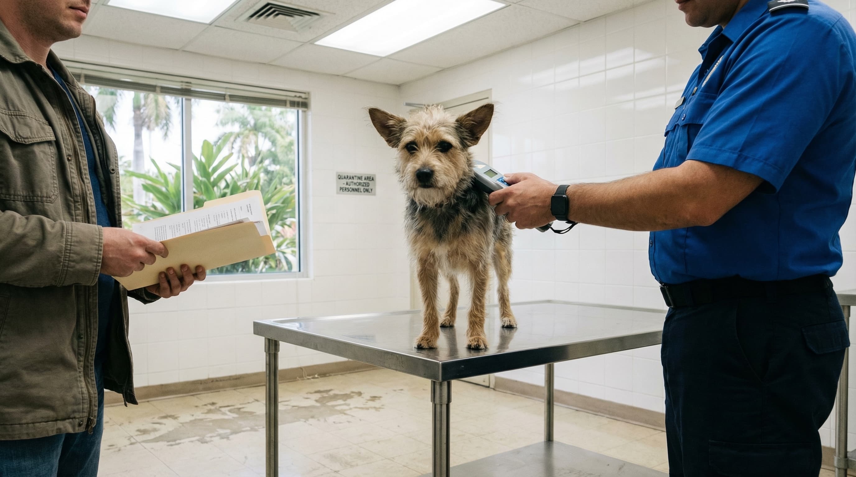 Dog being scanned by quarantine officer at airport inspection facility in Hawaii