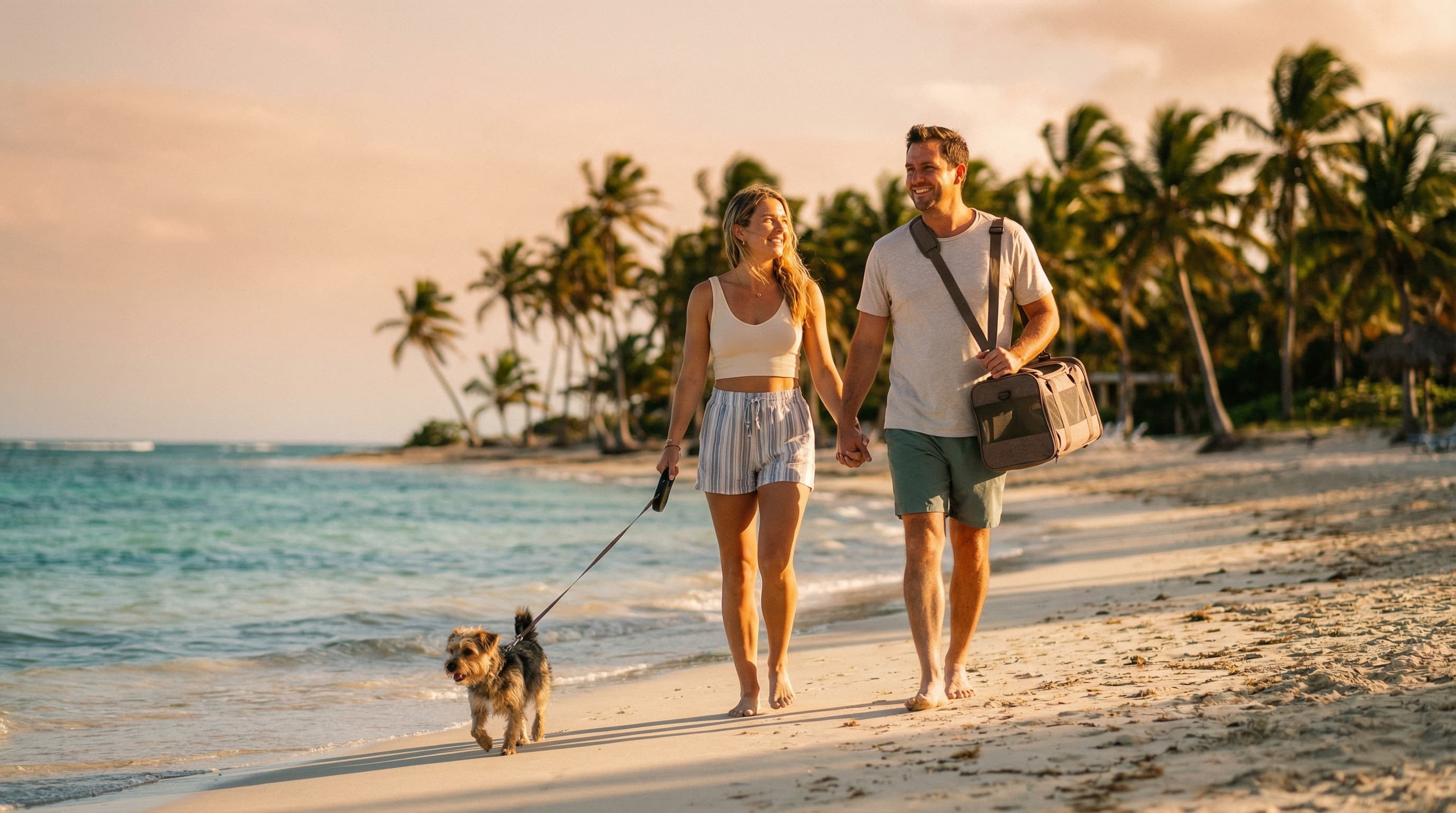 Couple walking along a turquoise Caribbean beach with a small terrier on a leash, soft-sided pet carrier over one shoulder