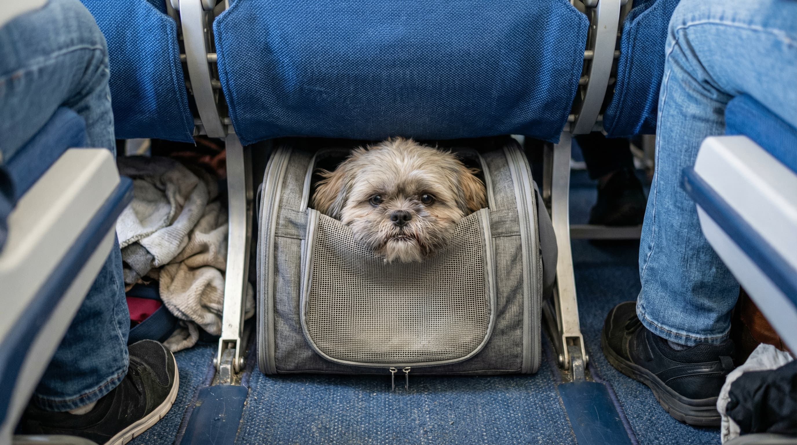 Shih tzu in gray soft-sided carrier tucked under the airplane seat, fitting snugly in the under-seat space