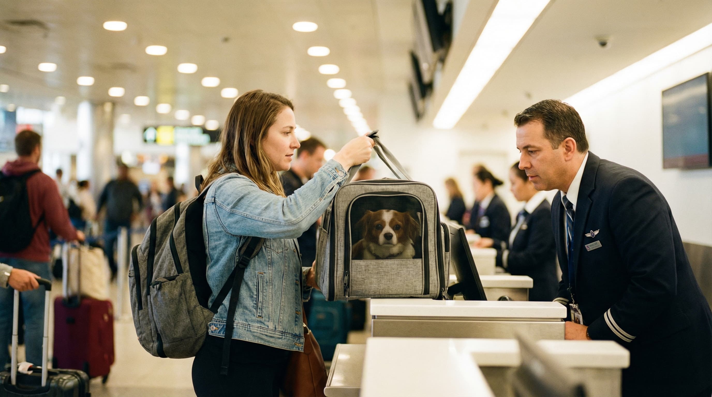 Traveler lifting soft-sided pet carrier for inspection at airline check-in counter, small dog visible through the mesh