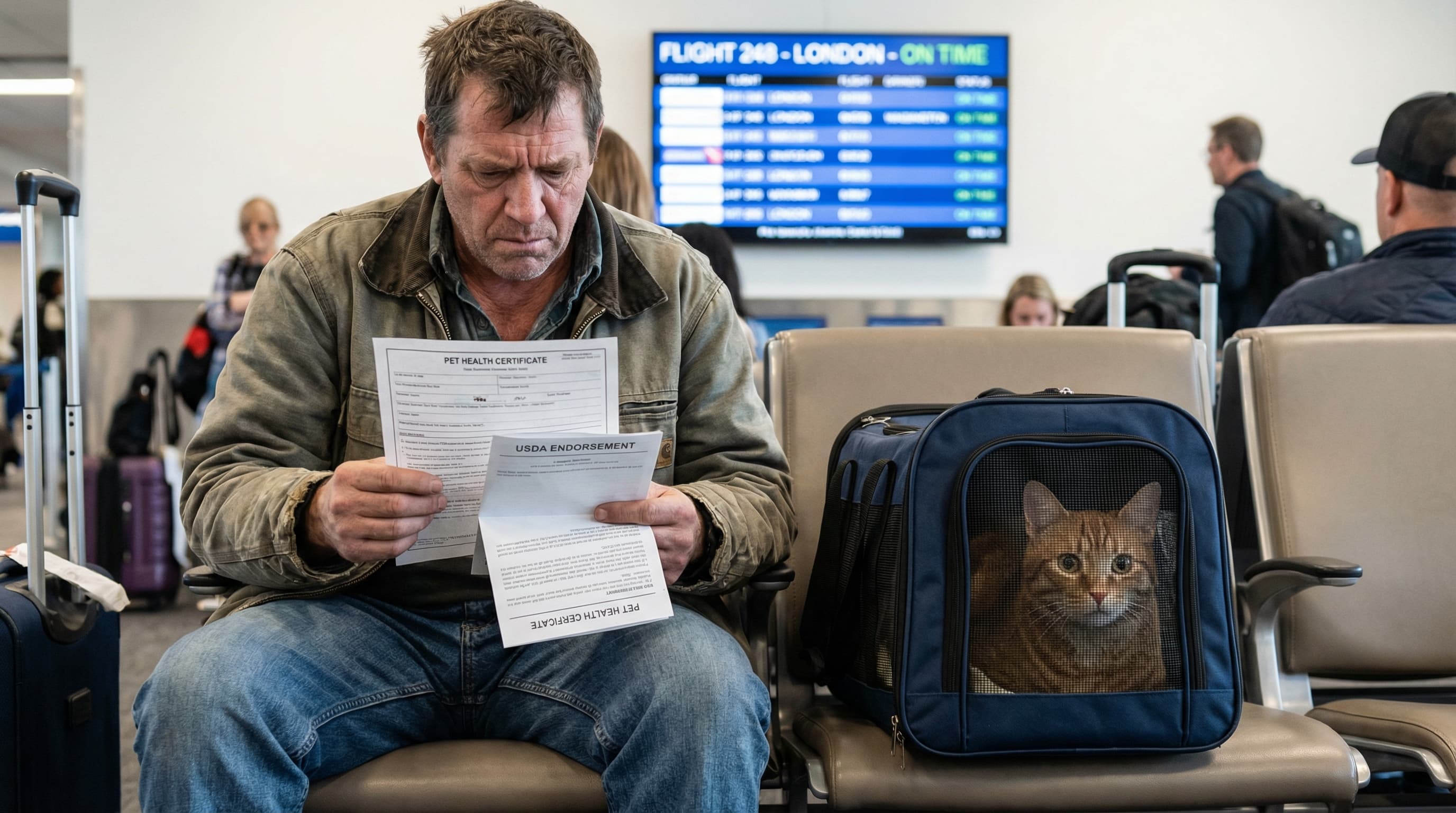 Traveler reviewing pet health certificate at airport gate, soft-sided carrier with cat beside him on the seat