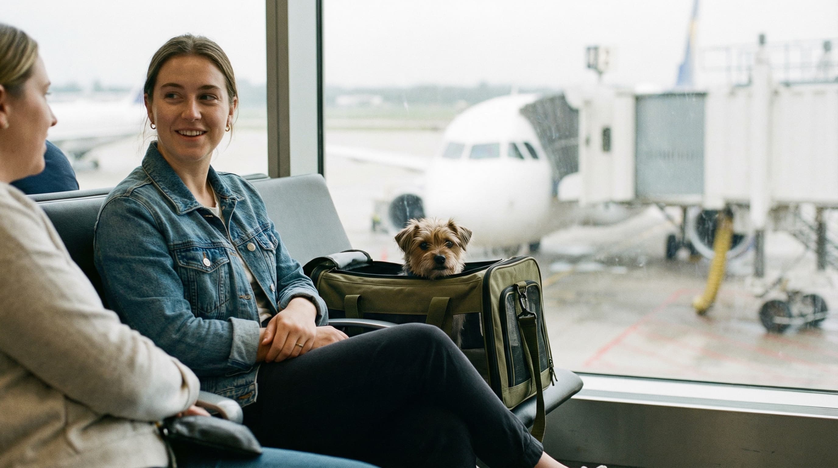 Young woman at airport gate chatting with fellow passenger, soft-sided carrier beside her with small dog peeking out
