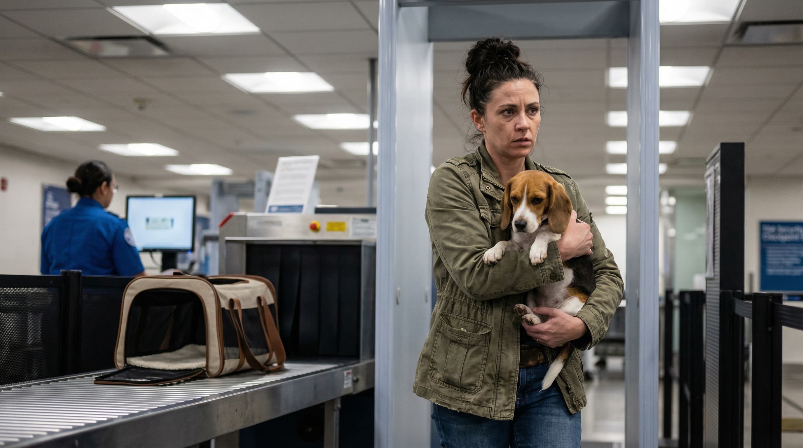 Traveler carrying small dog through TSA metal detector while the empty carrier goes through the X-ray belt beside her