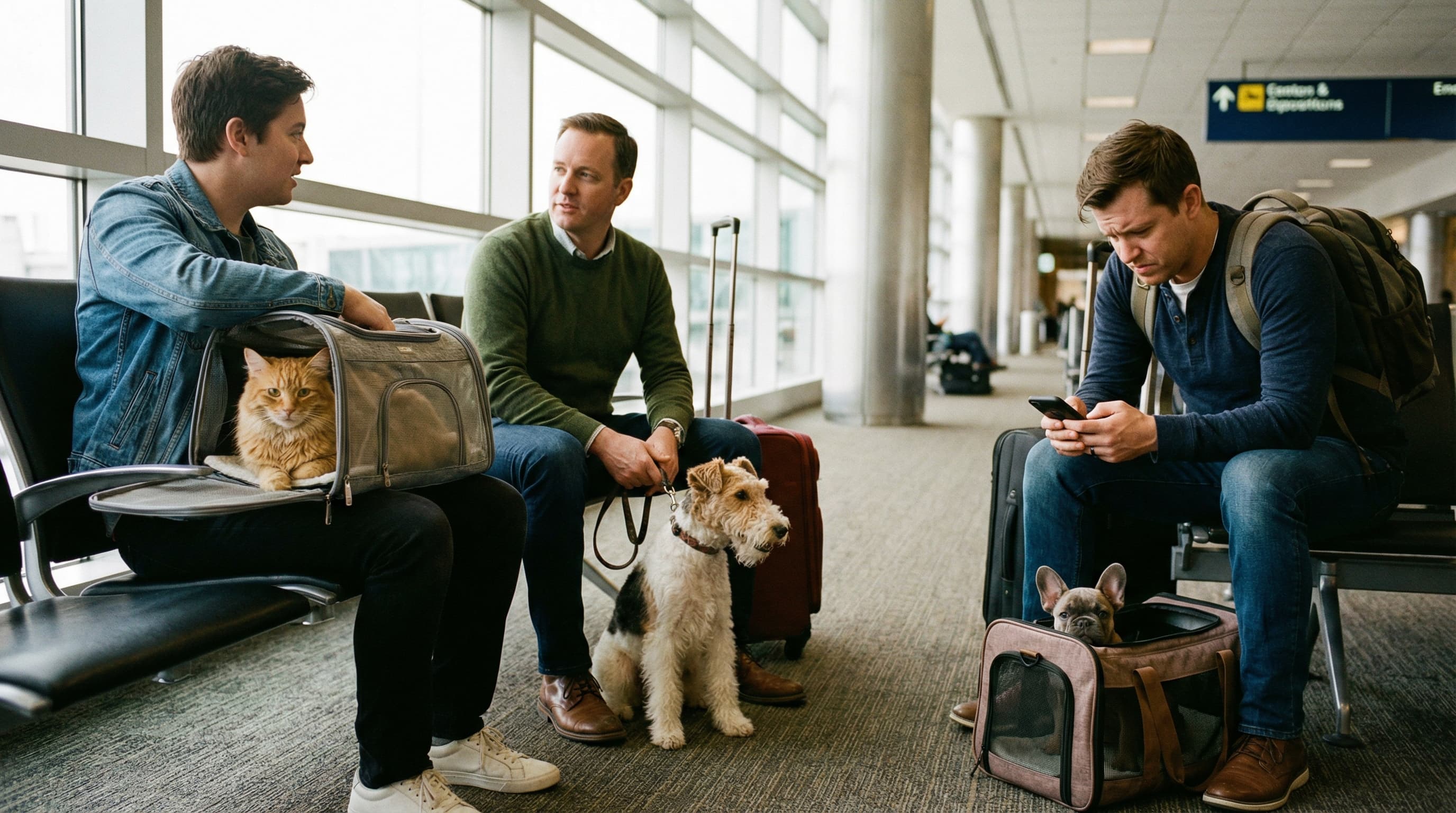 Three travelers at airport departure gate, each with a different breed of pet