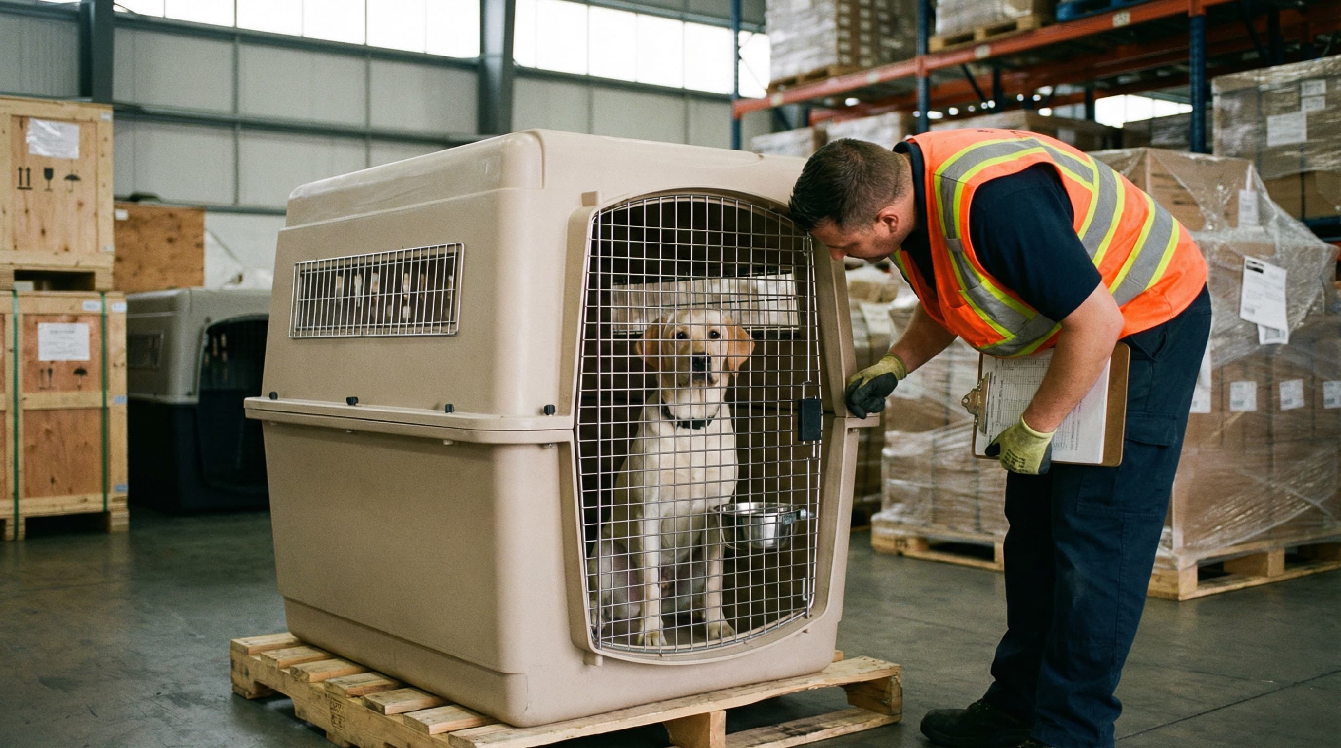 IATA-compliant hard-sided kennel with Labrador at airport cargo facility