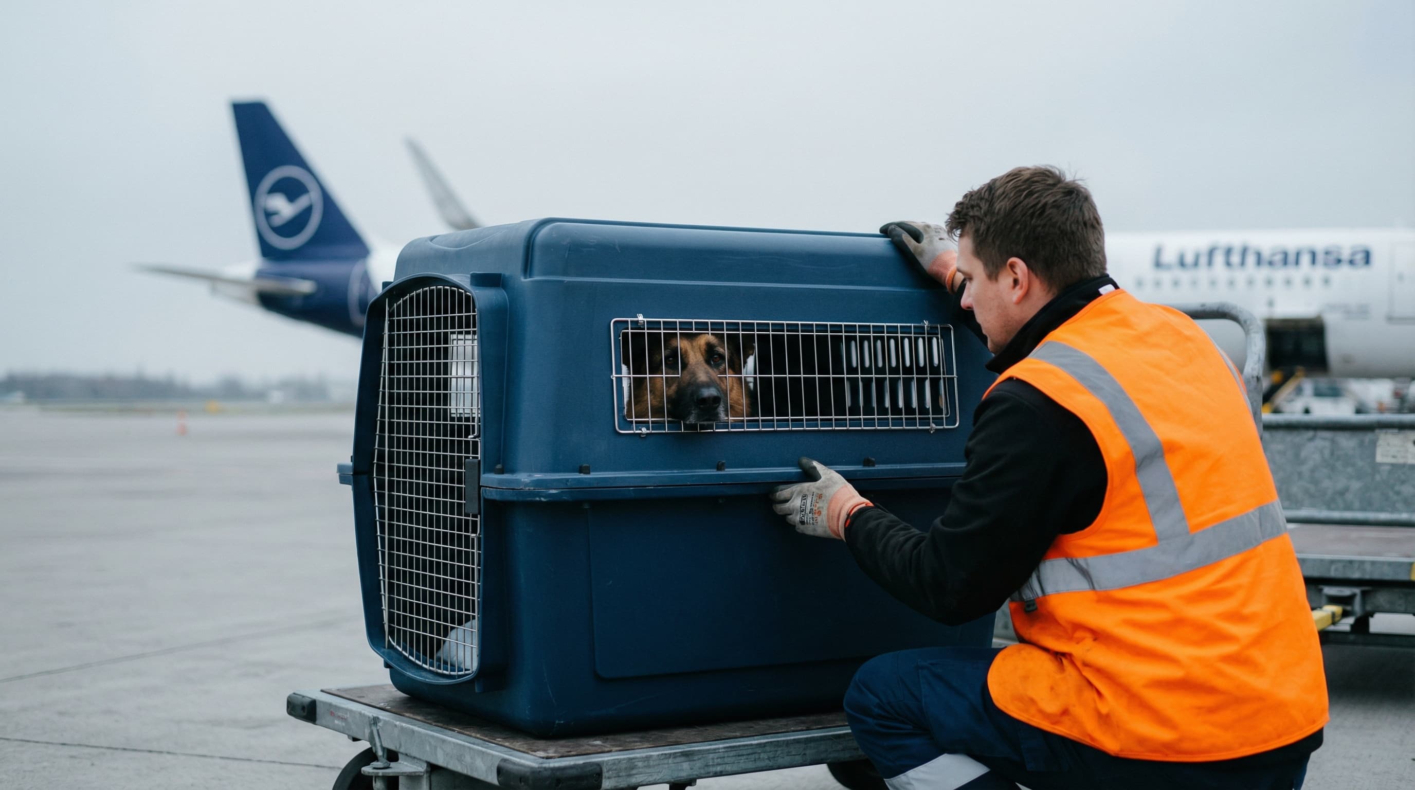 Airport cargo handler loading IATA-compliant pet kennel onto luggage cart near aircraft