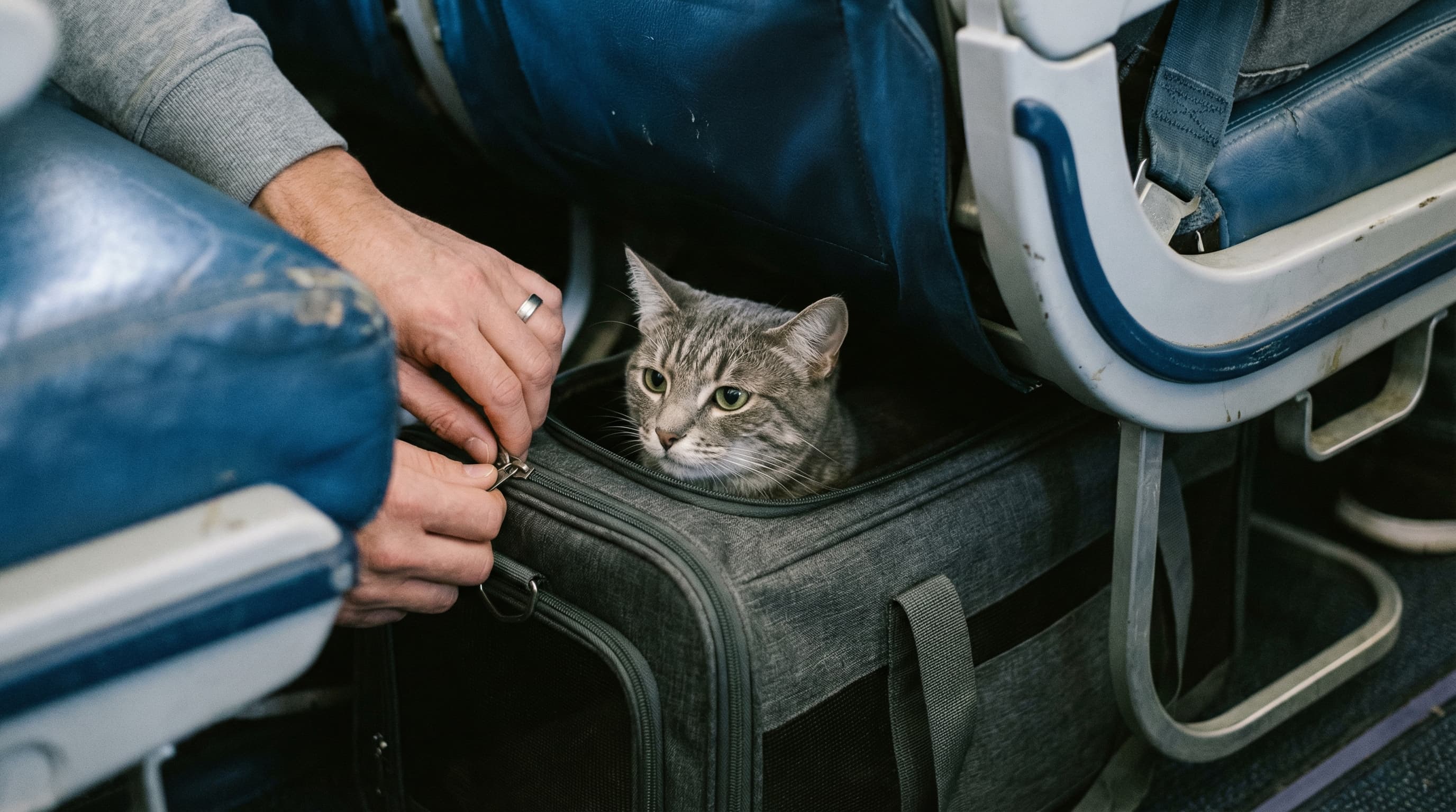 Small tabby cat tucked into soft-sided carrier under airplane seat