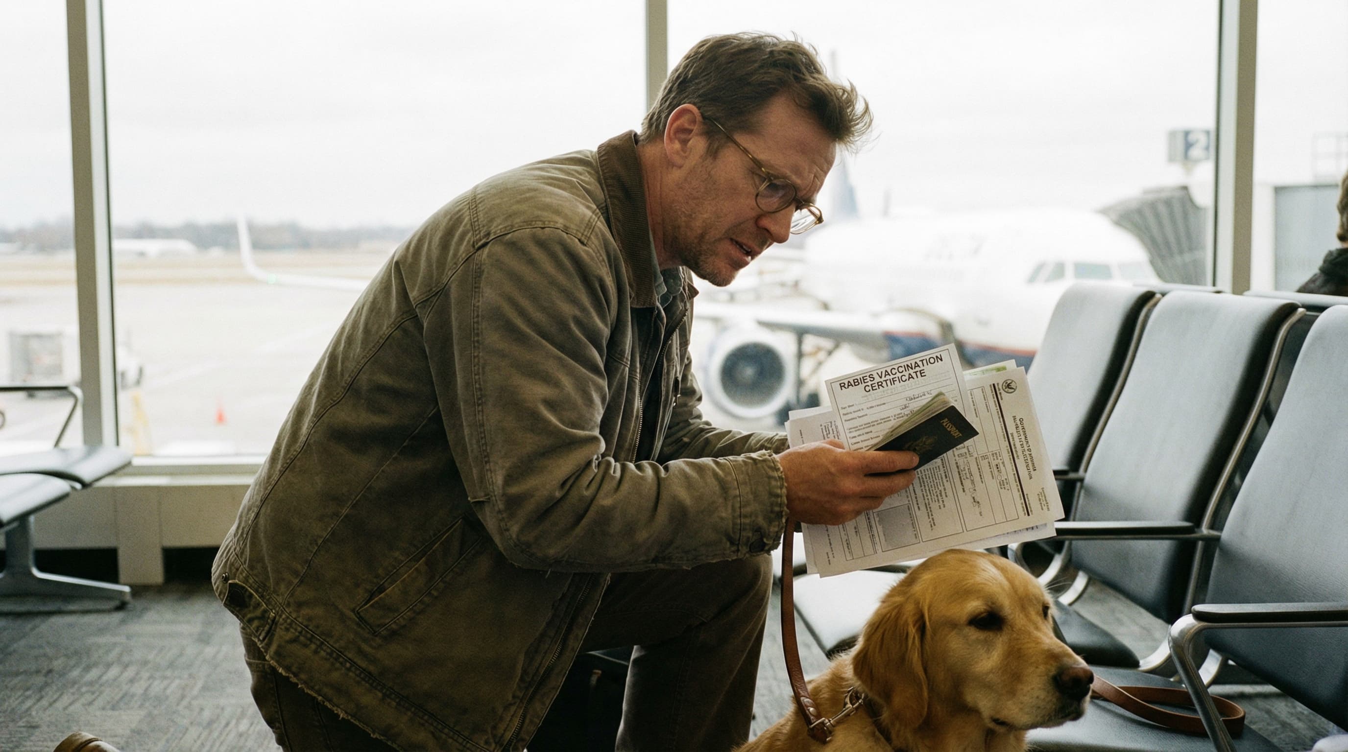 Man reviewing CDC dog import documents with golden retriever at airport terminal