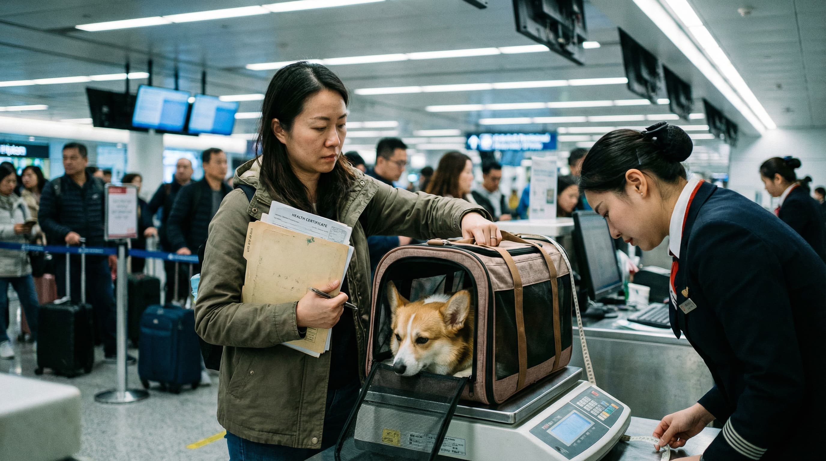 Traveler placing pet carrier on scale at airline check-in counter