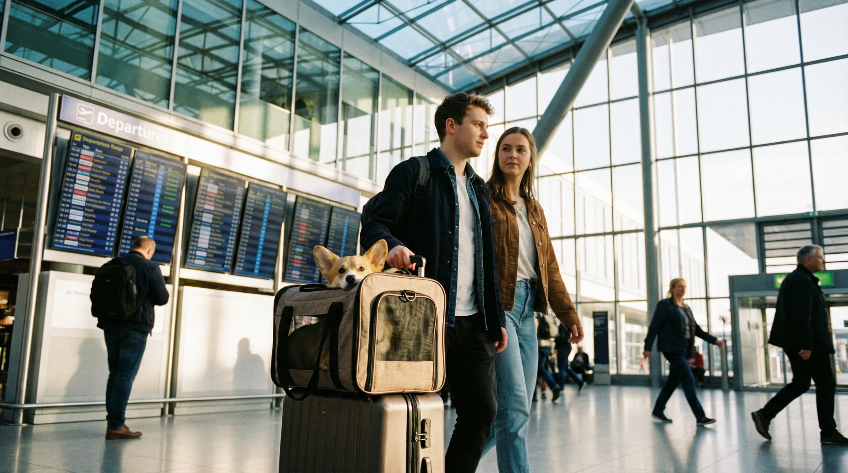 Couple with corgi in carrier walking through European airport departure terminal