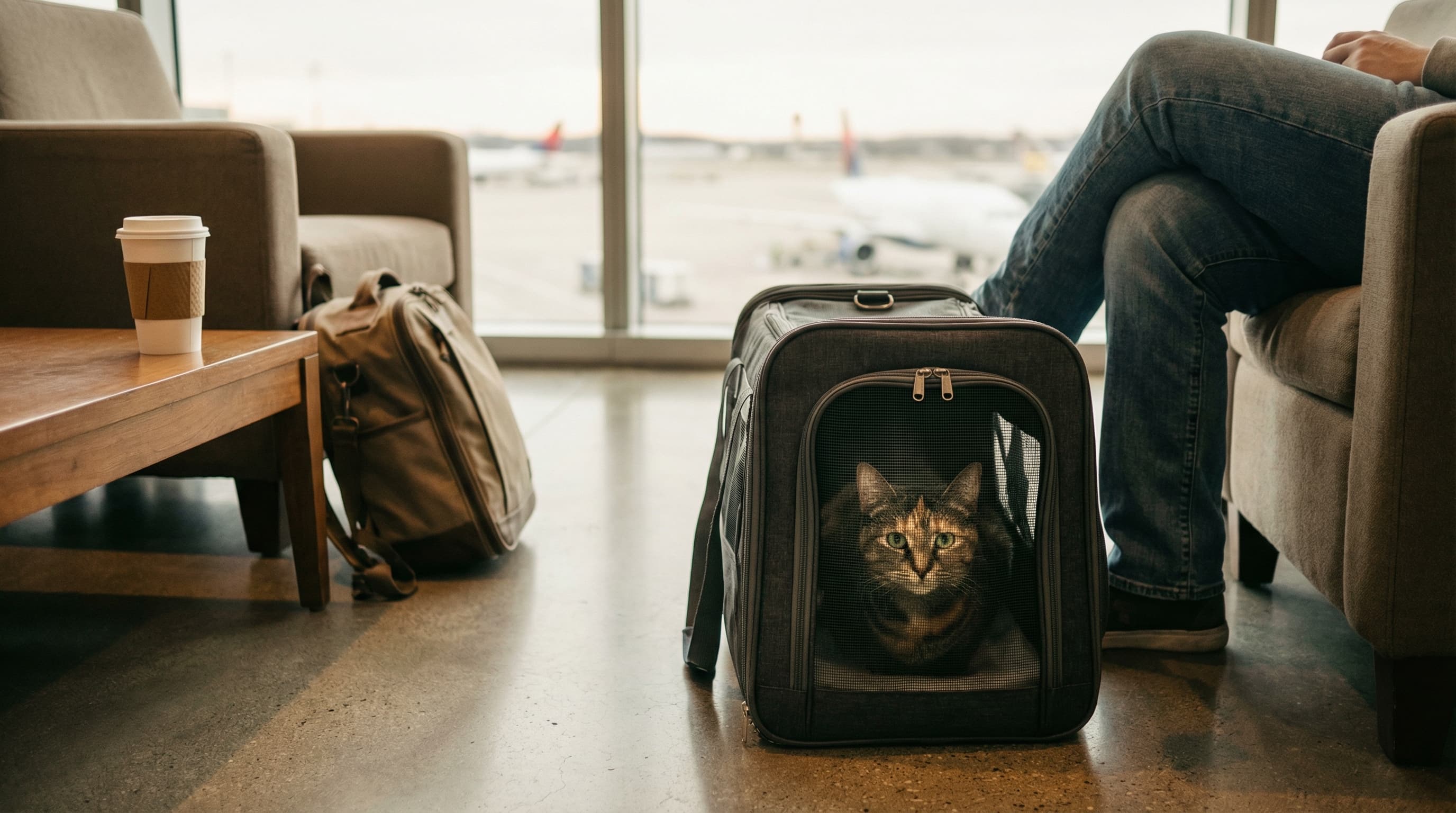Pet carrier placed beside traveler's legs at Lufthansa airport lounge seating area