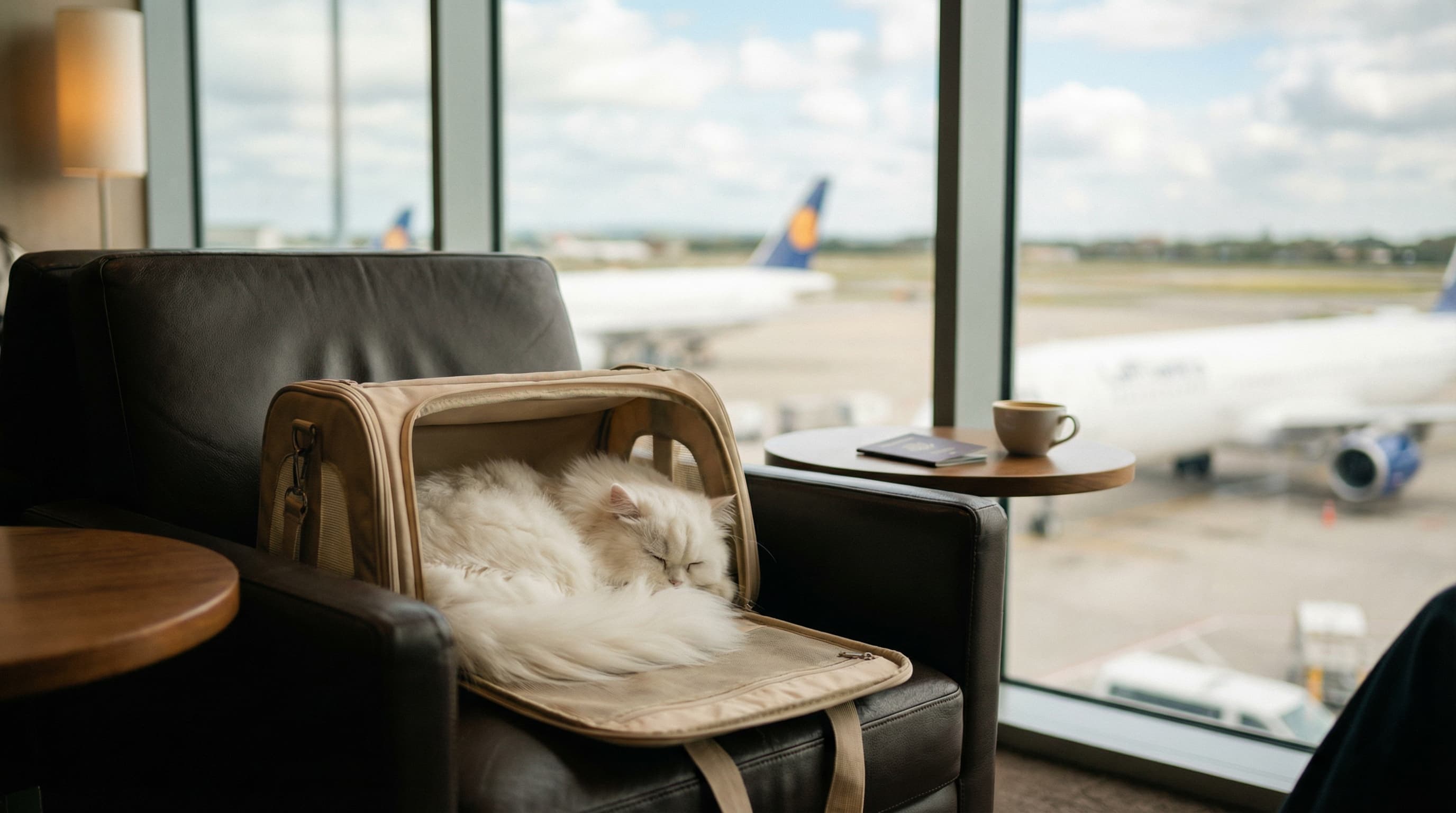 White Persian cat resting in open soft-sided carrier at upscale airport lounge