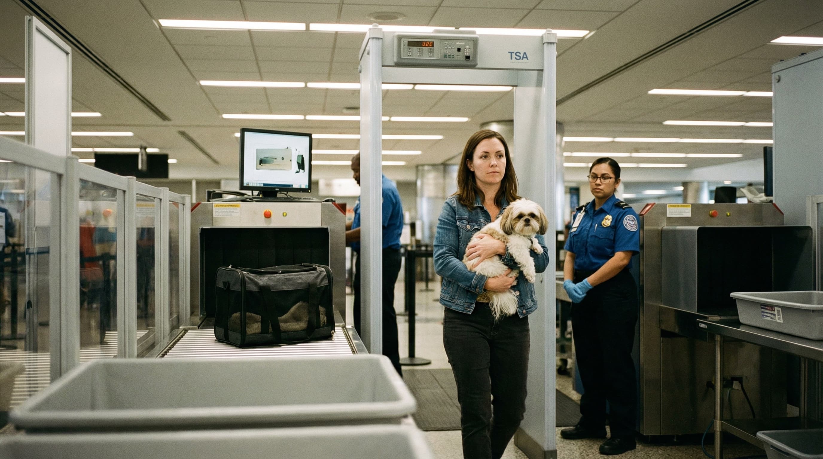 Woman carrying Shih Tzu through airport security metal detector while empty carrier goes through X-ray