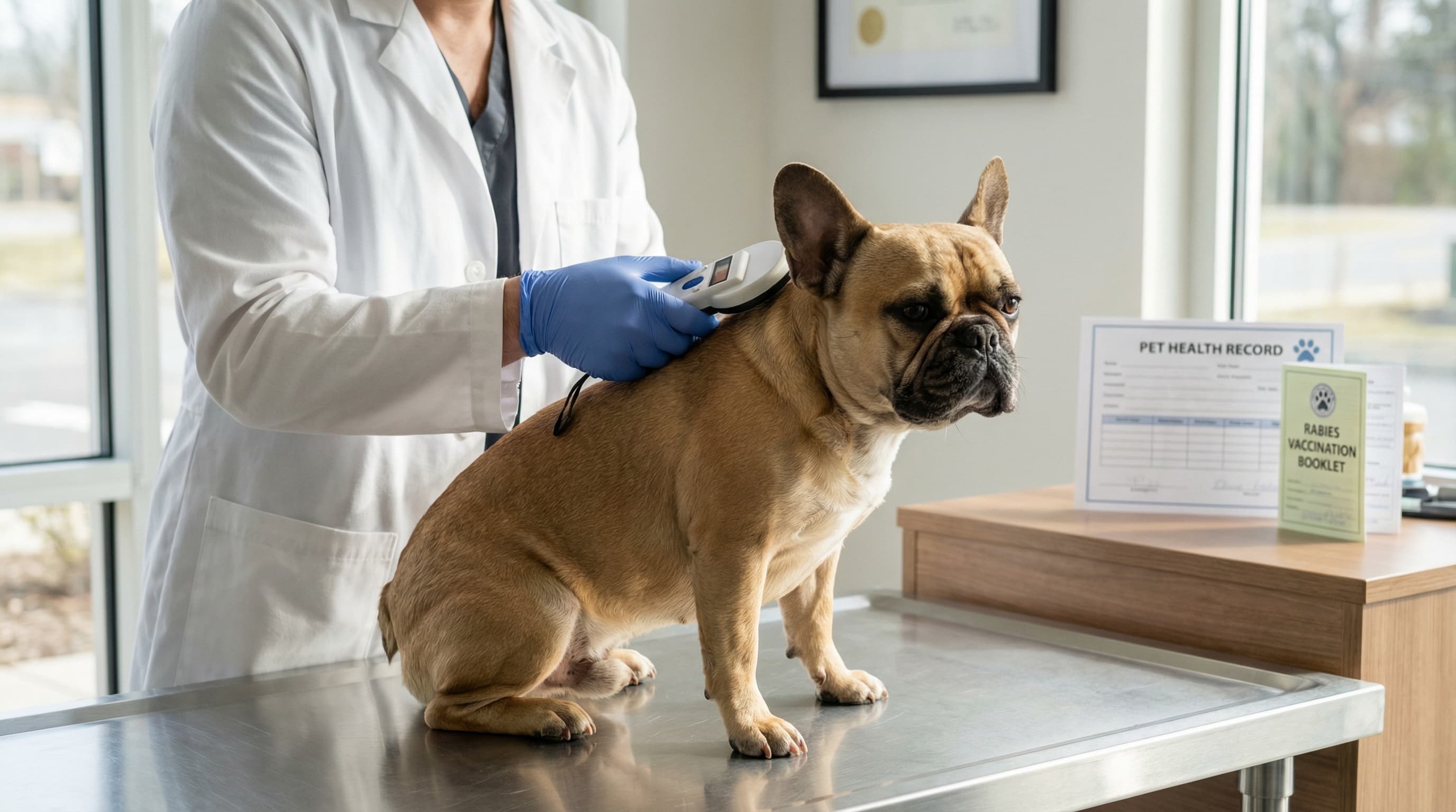 Veterinarian scanning microchip on French Bulldog at airport vet checkpoint