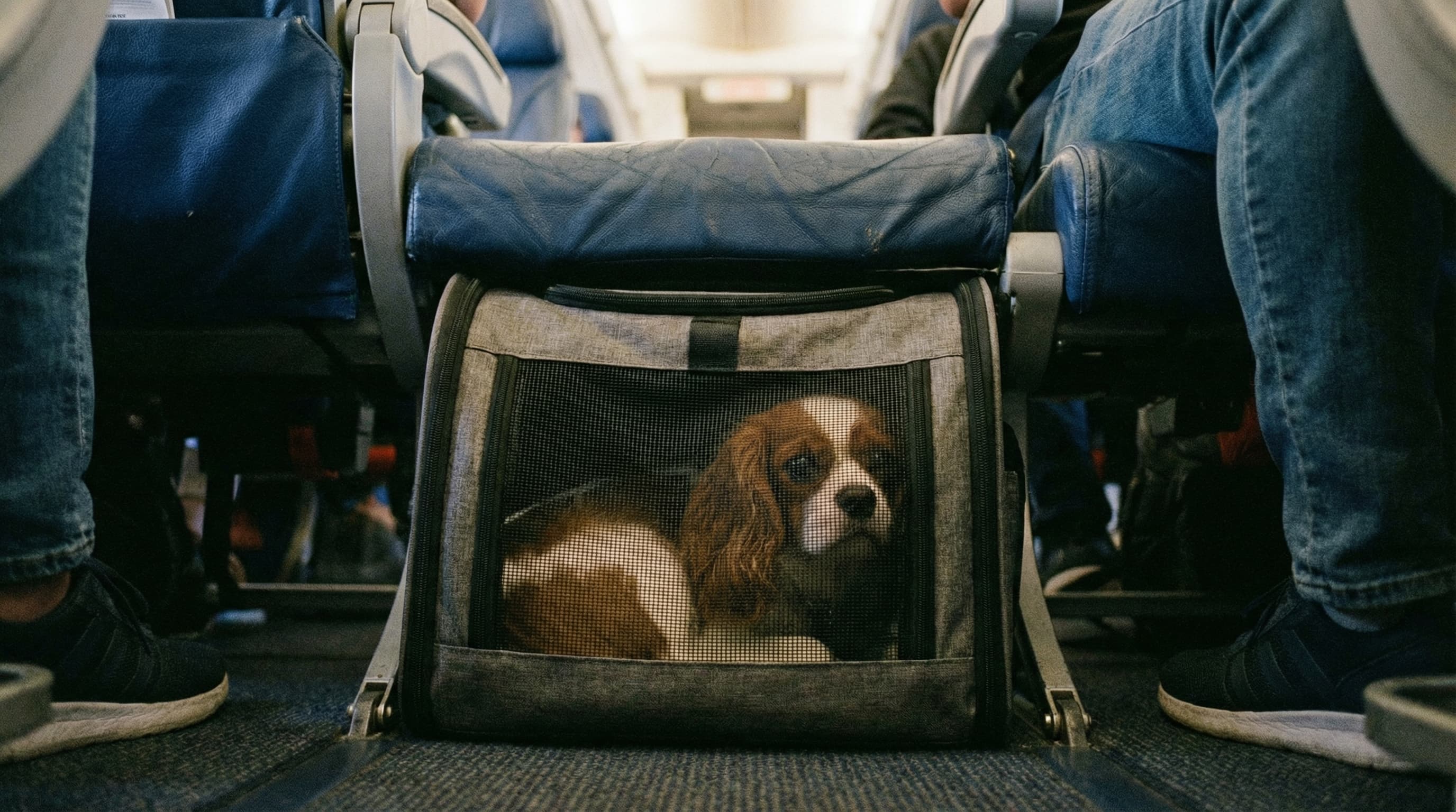 Cavalier King Charles Spaniel resting in a soft-sided carrier tucked under the economy airplane seat, looking through the mesh